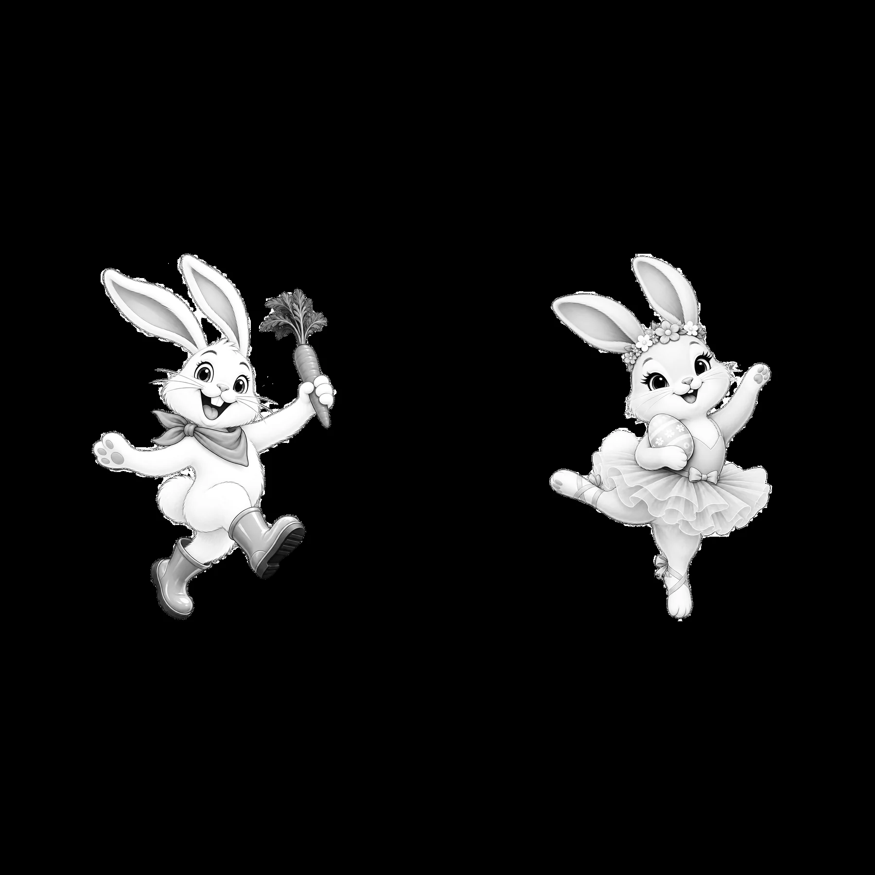 Easter bunny characters with carrot and ballet pose accessories - AI-generated stock image