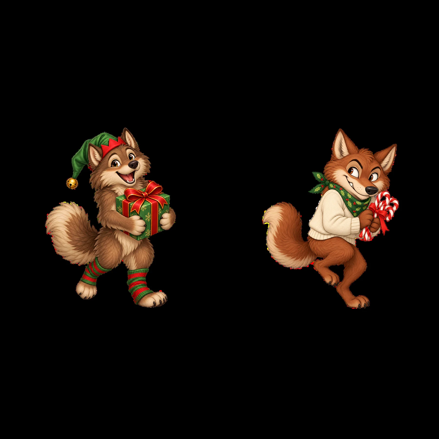 Cute wolves celebrating Christmas with gifts and candy canes - AI-generated stock image
