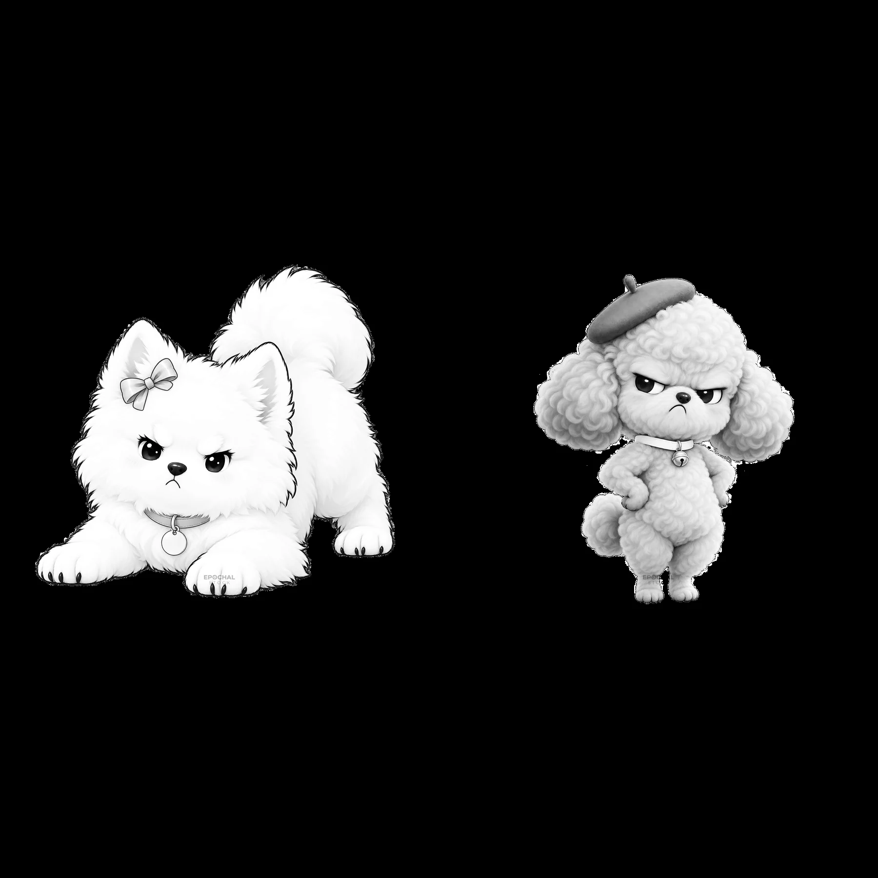 Two cartoon dog stickers display a grumpy expression - AI-generated stock image