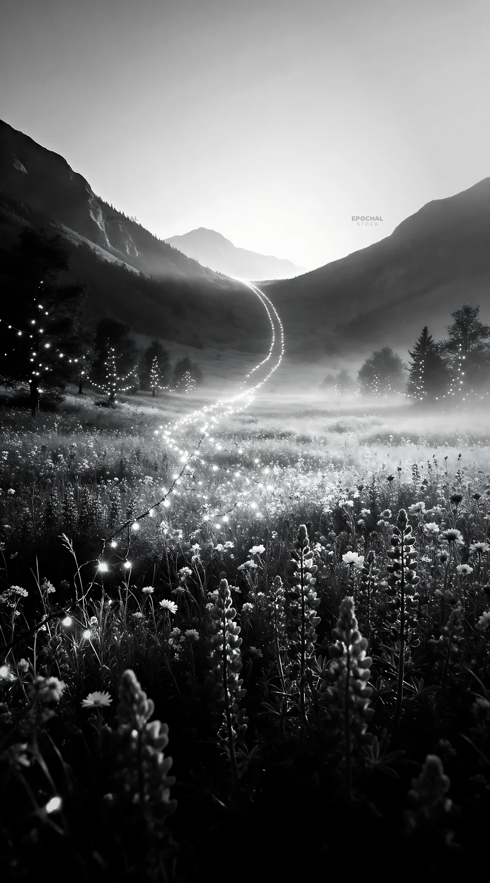 Warm Christmas lights across mountain valley meadow - AI-generated stock image
