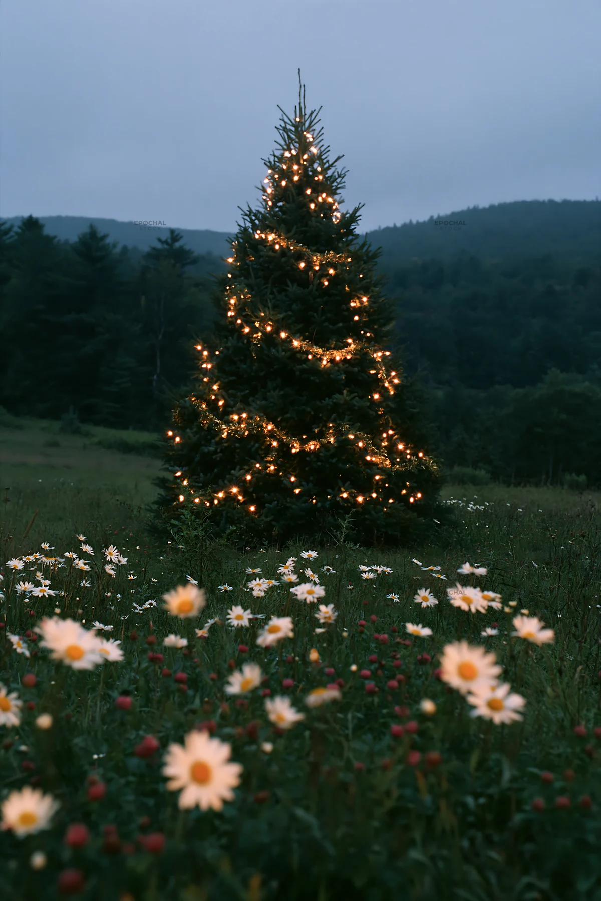 Vibrant Christmas tree glowing in a meadow at dusk - AI-generated stock image
