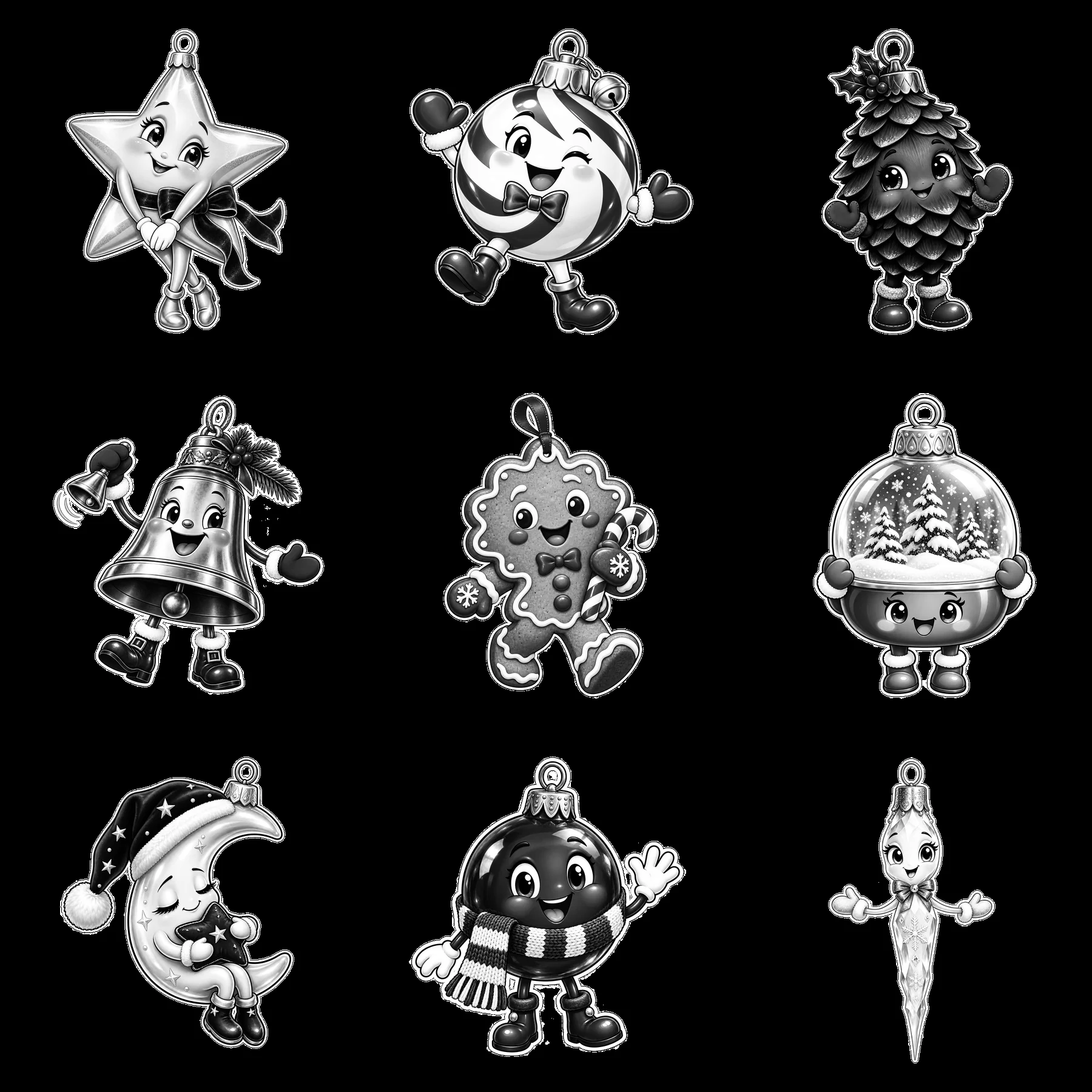 Christmas ornament characters with various festive designs - AI-generated stock image