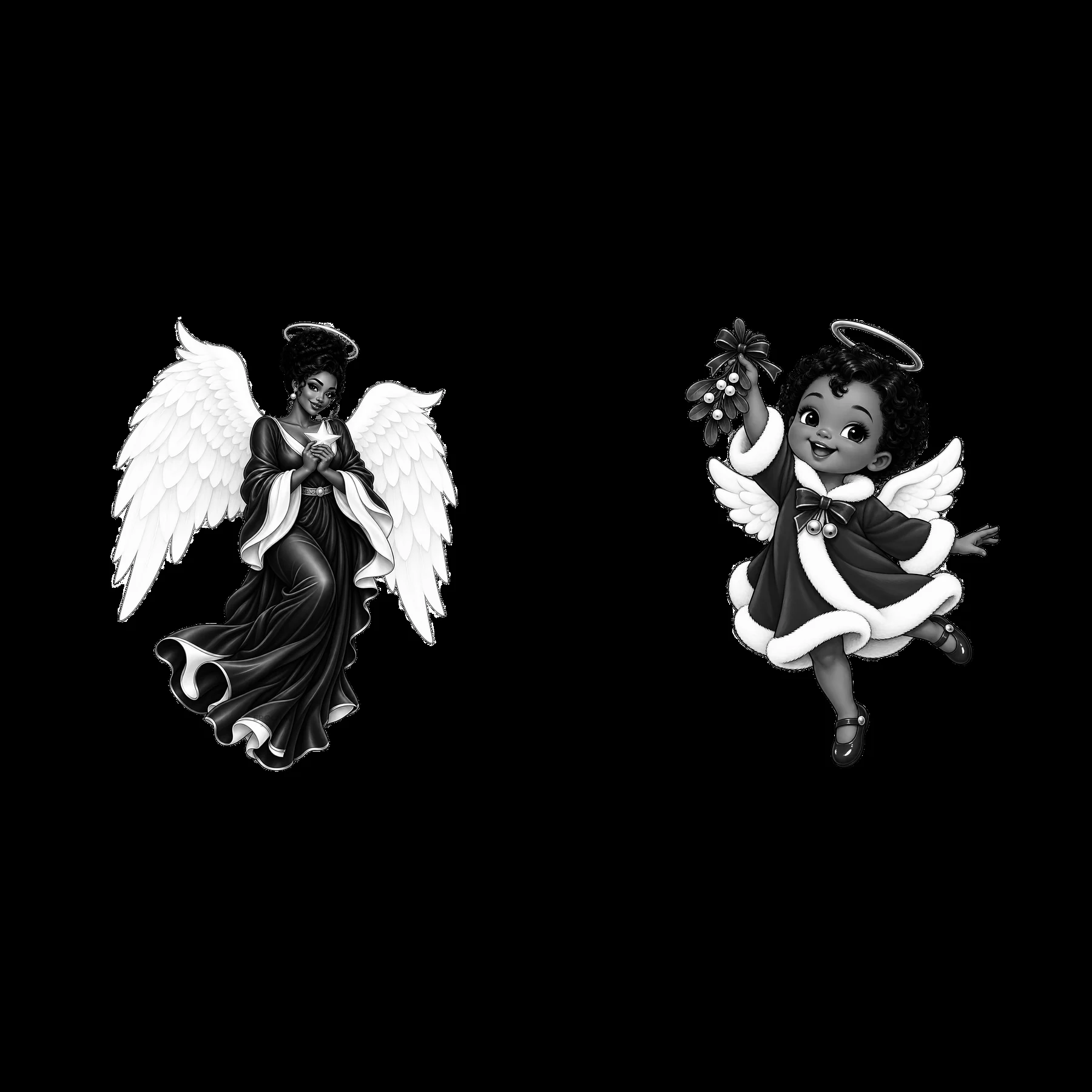 Christmas angel illustrations with wings and mistletoe - AI-generated stock image