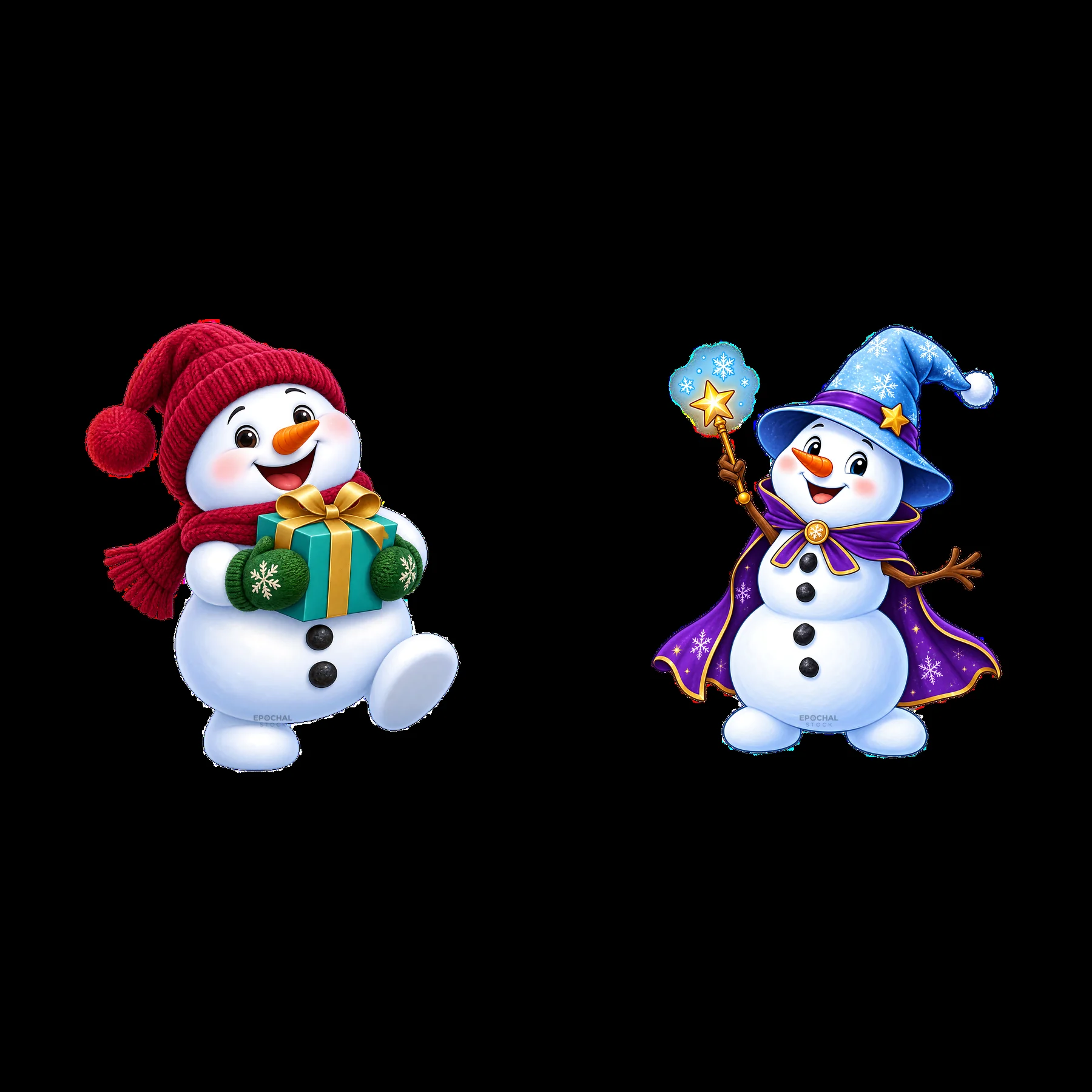 Snowman with gift and snowman with magic wand - AI-generated stock image