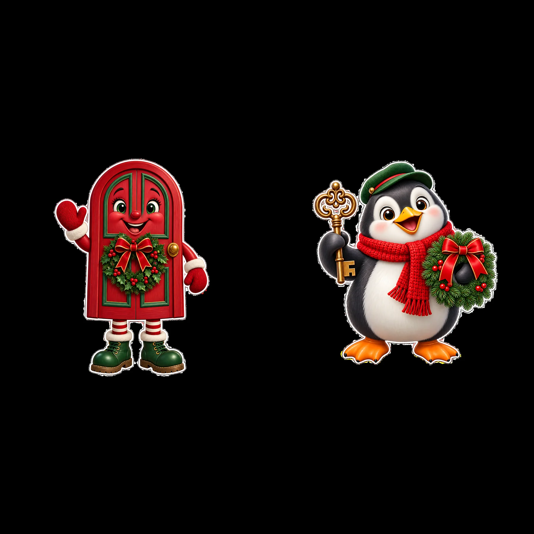 Cheerful Christmas characters featuring a door and a penguin - AI-generated stock image