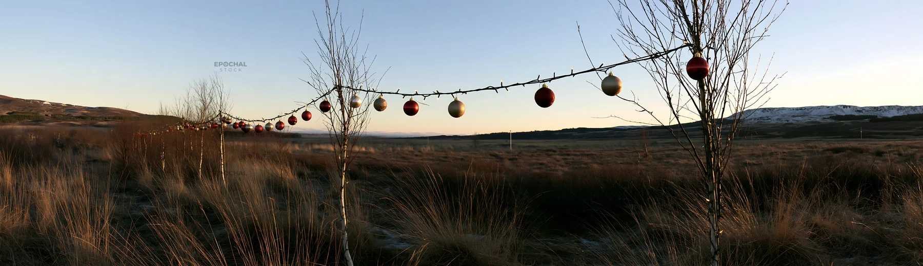 Open meadow with baubles in winter landscape - AI-generated stock image
