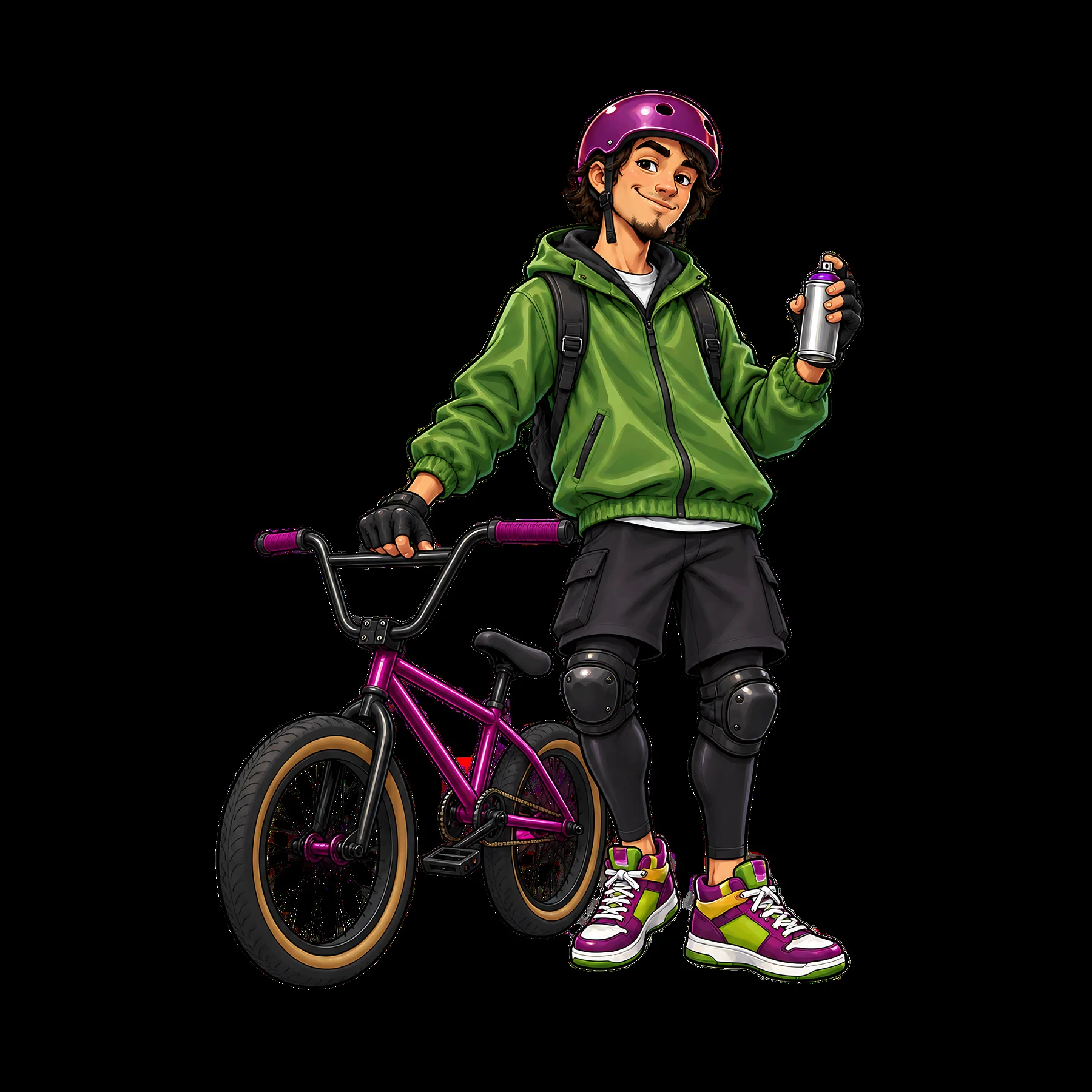 Cool graffiti sprayer with bike and spray can in urban setting - AI-generated stock image