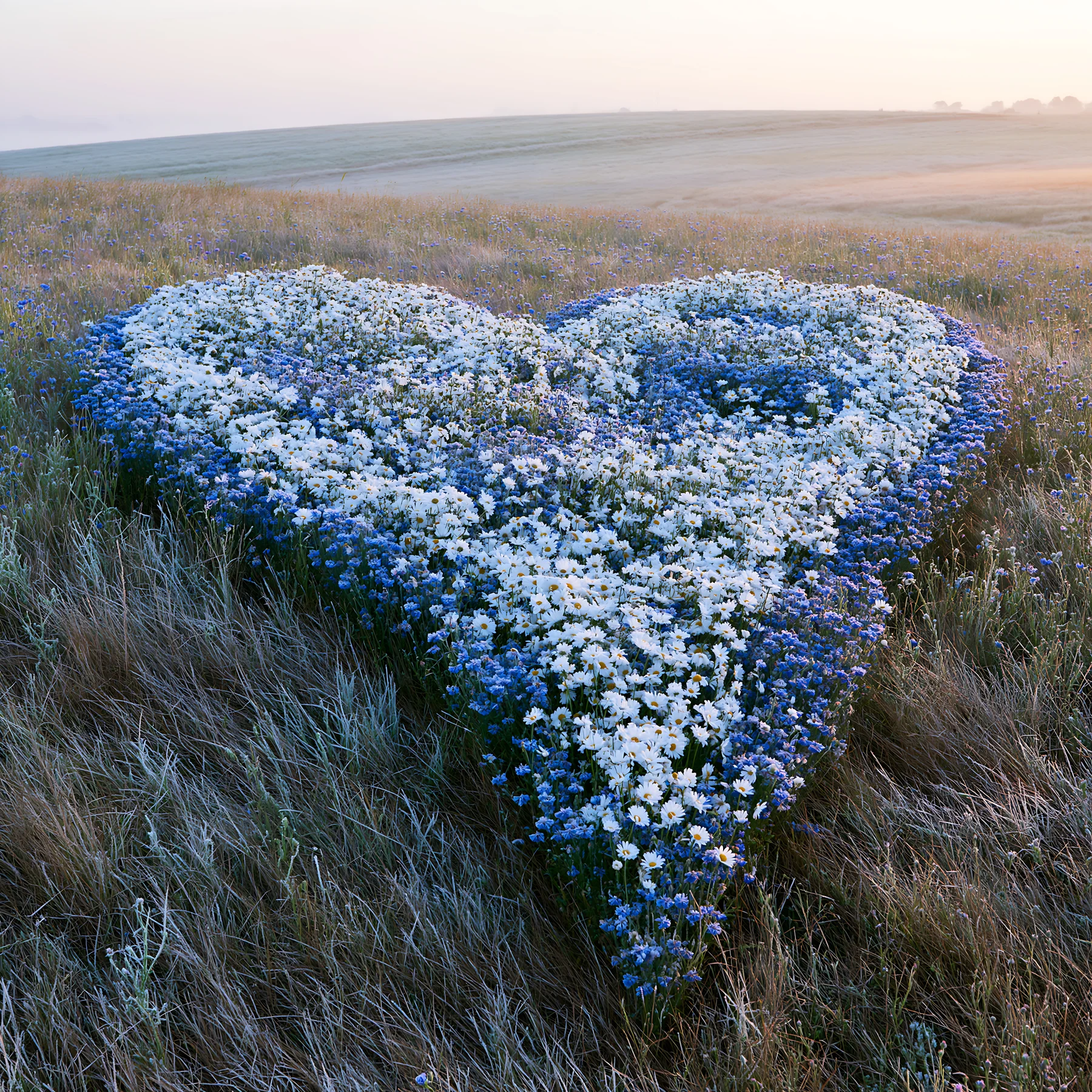 Frosted meadow with heart-shaped flowers at dawn - AI-generated stock image