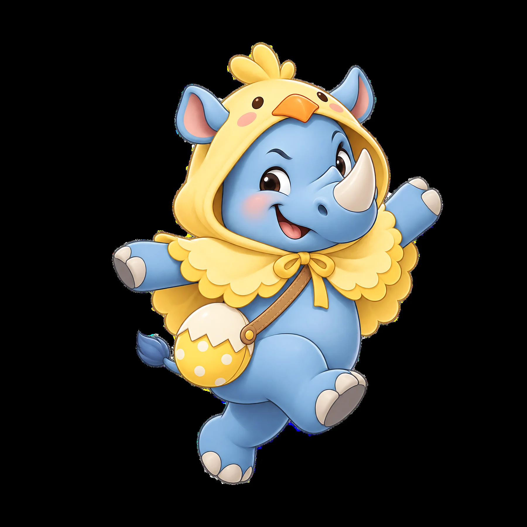 Easter rhinoceros character in a yellow chick costume with egg - AI-generated stock image