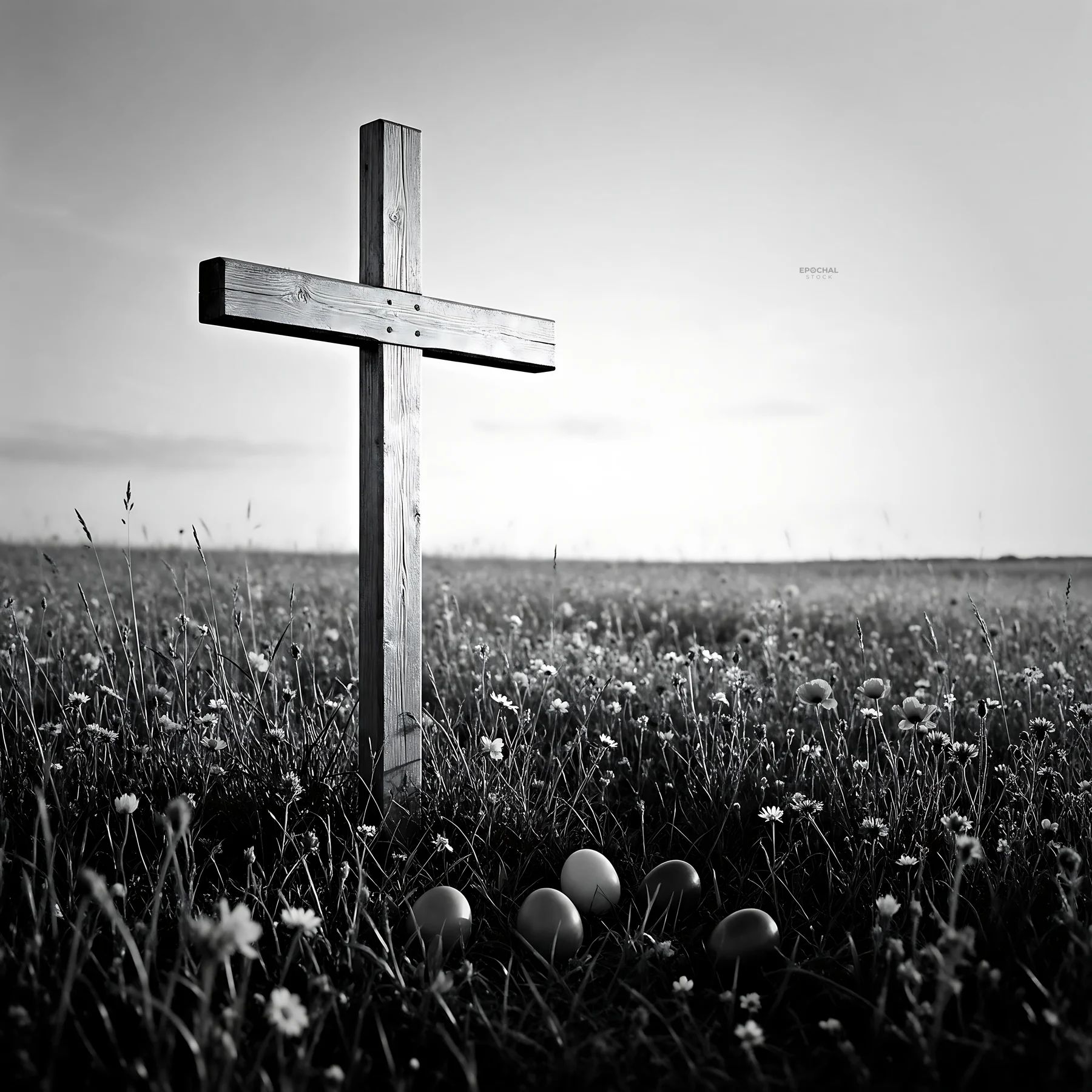 Golden Christian cross in a sunset meadow - AI-generated stock image