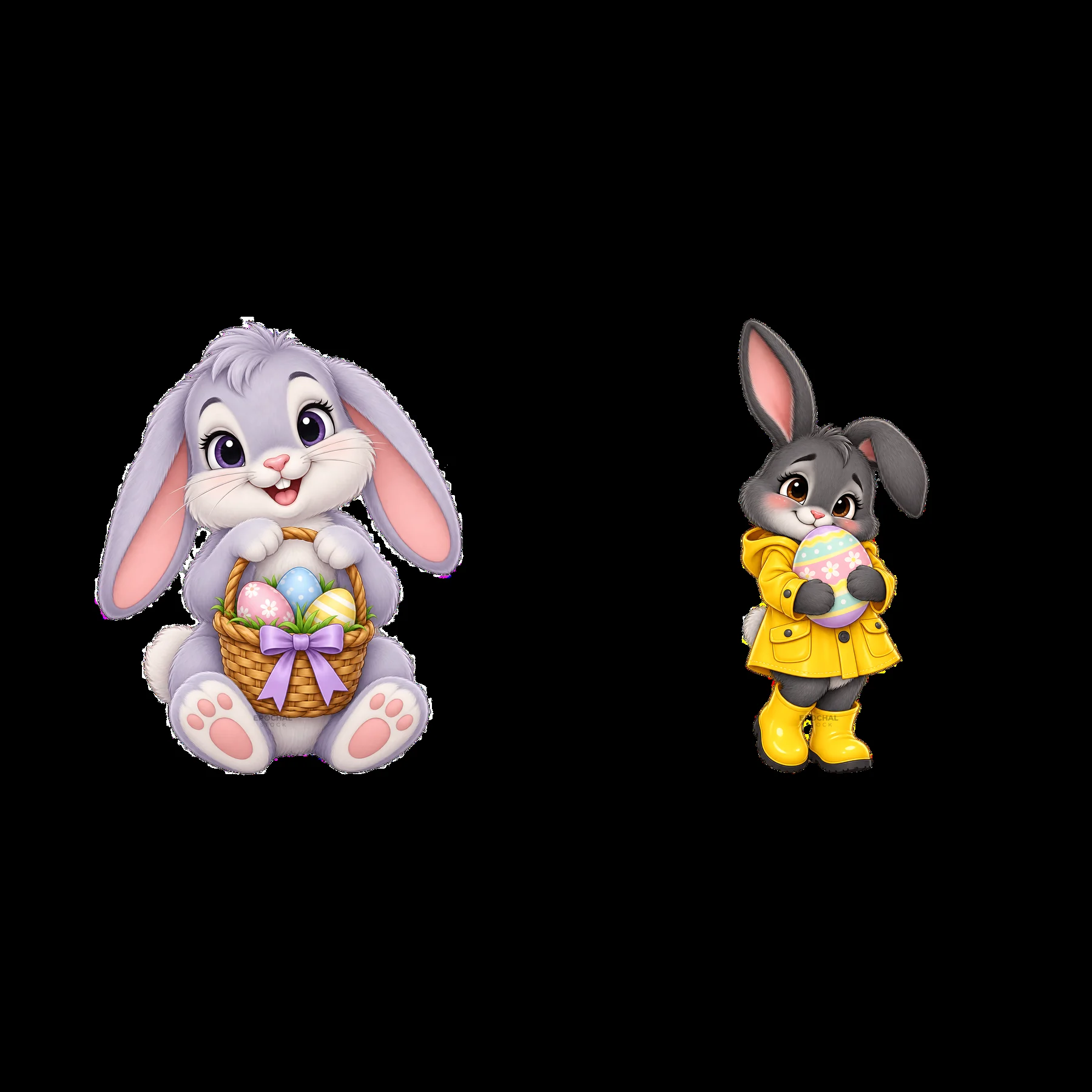 Easter bunny characters with colorful eggs in a basket - AI-generated stock image