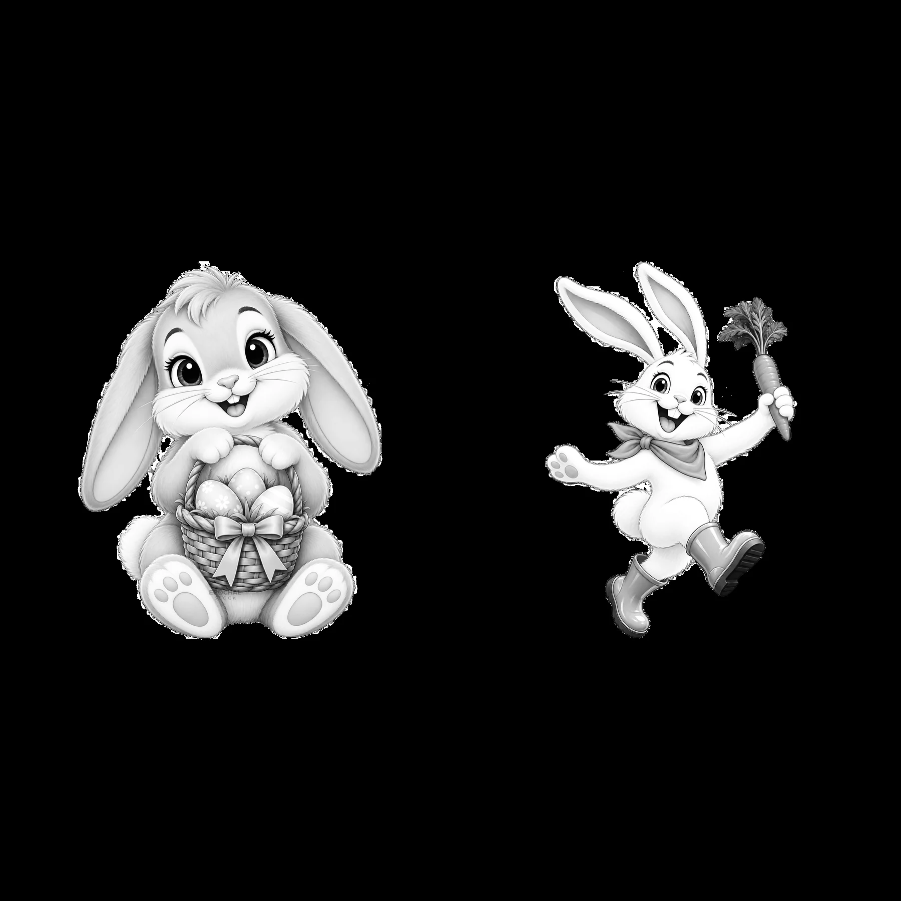 Easter Bunny characters with basket and carrot in black and white - AI-generated stock image