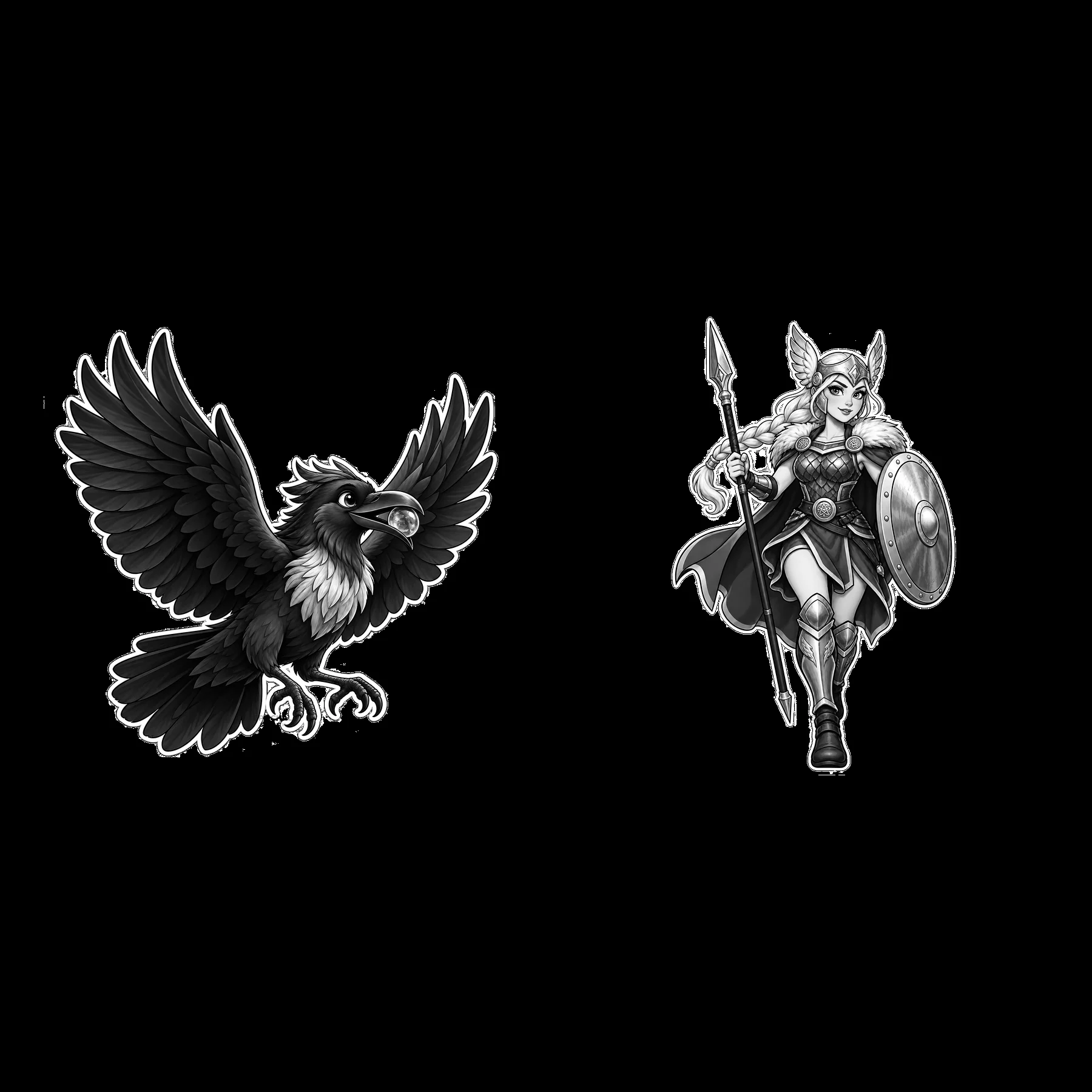 Odin's raven and Valkyrie warrior in monochrome illustration - AI-generated stock image