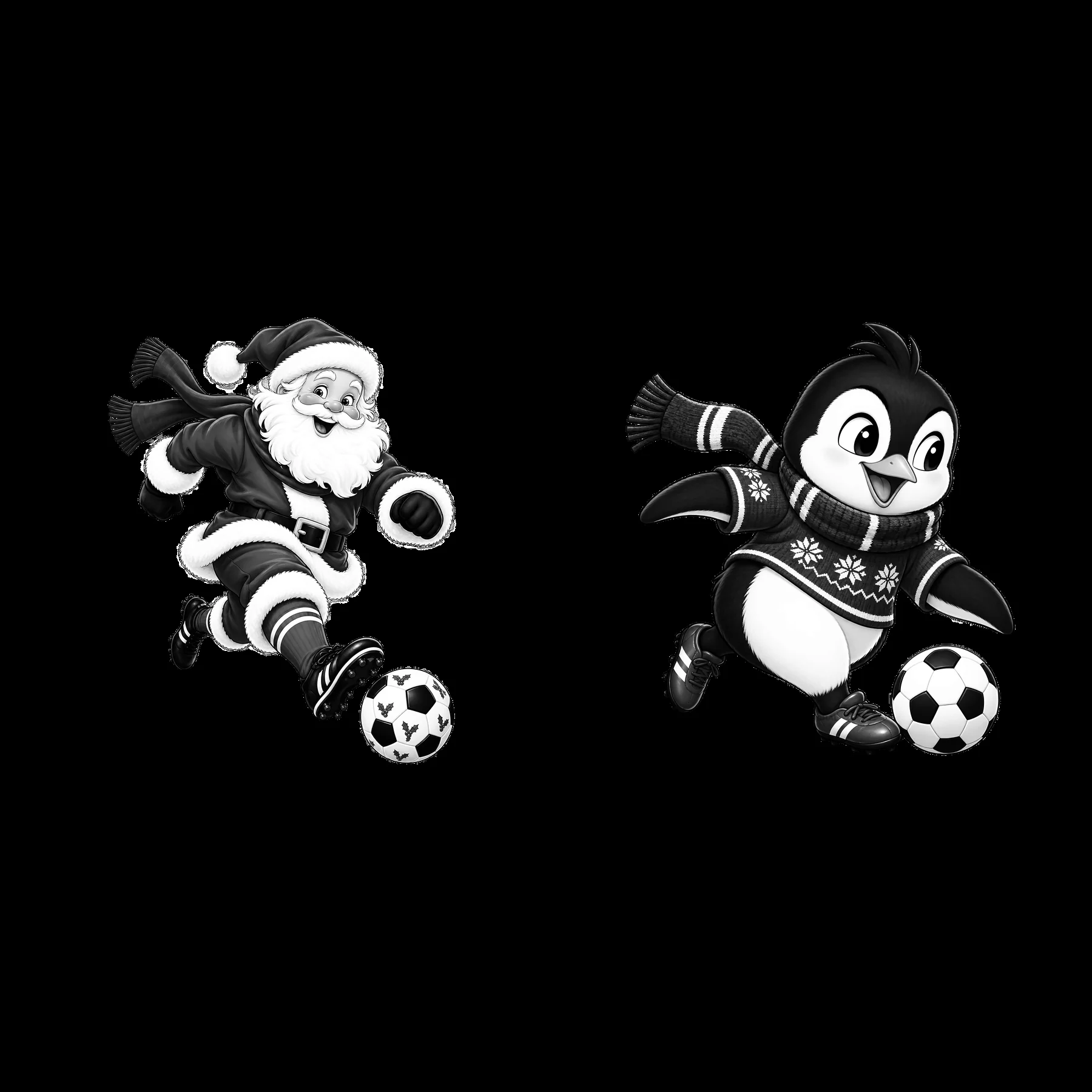 Santa Claus and penguin playing soccer in Christmas themed attire - AI-generated stock image