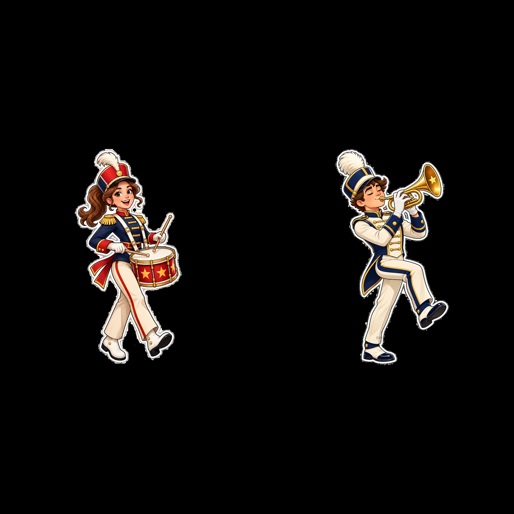 Marching band boy and girl with trumpet and drum - AI-generated stock image
