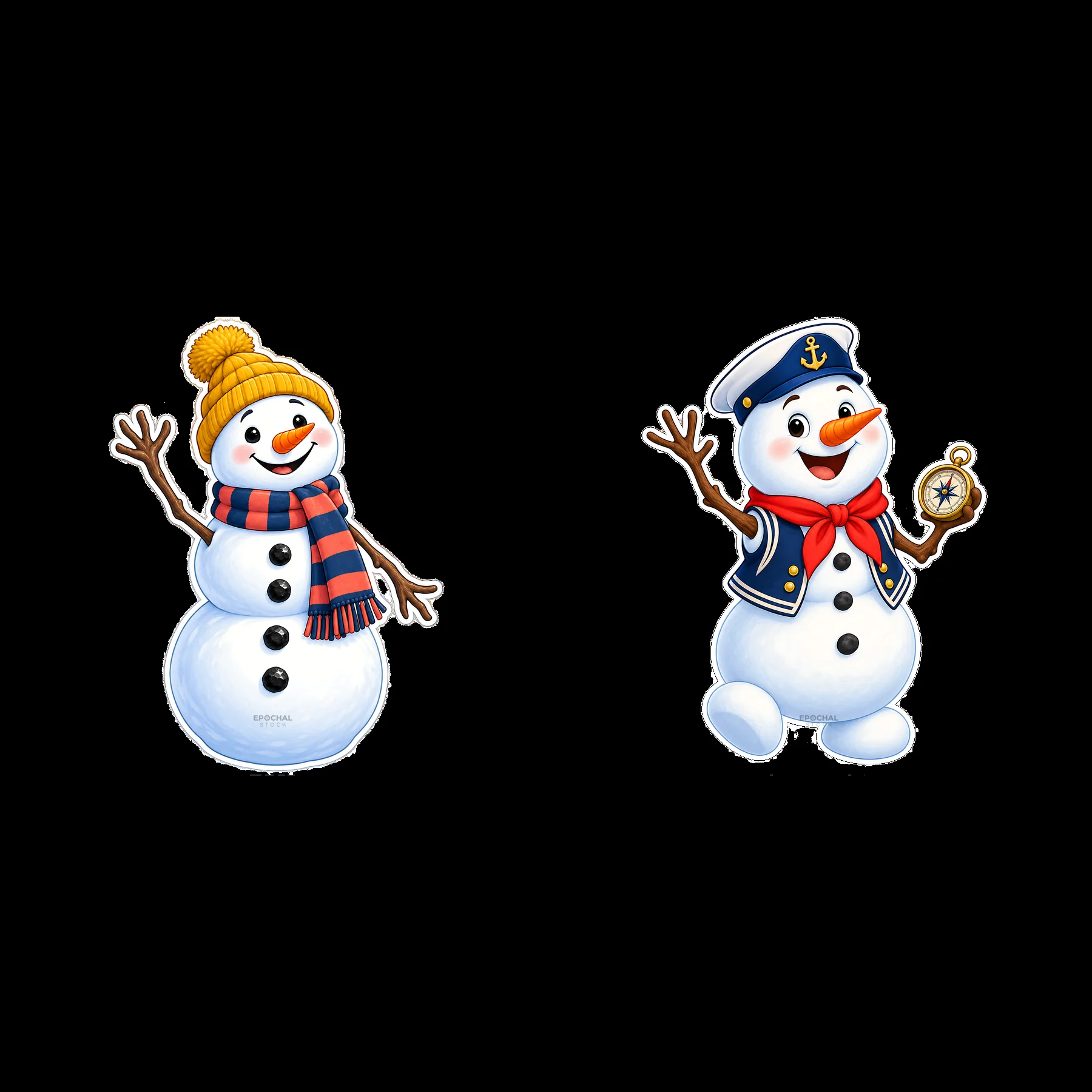 Snowman characters dressed in winter and nautical themes - AI-generated stock image