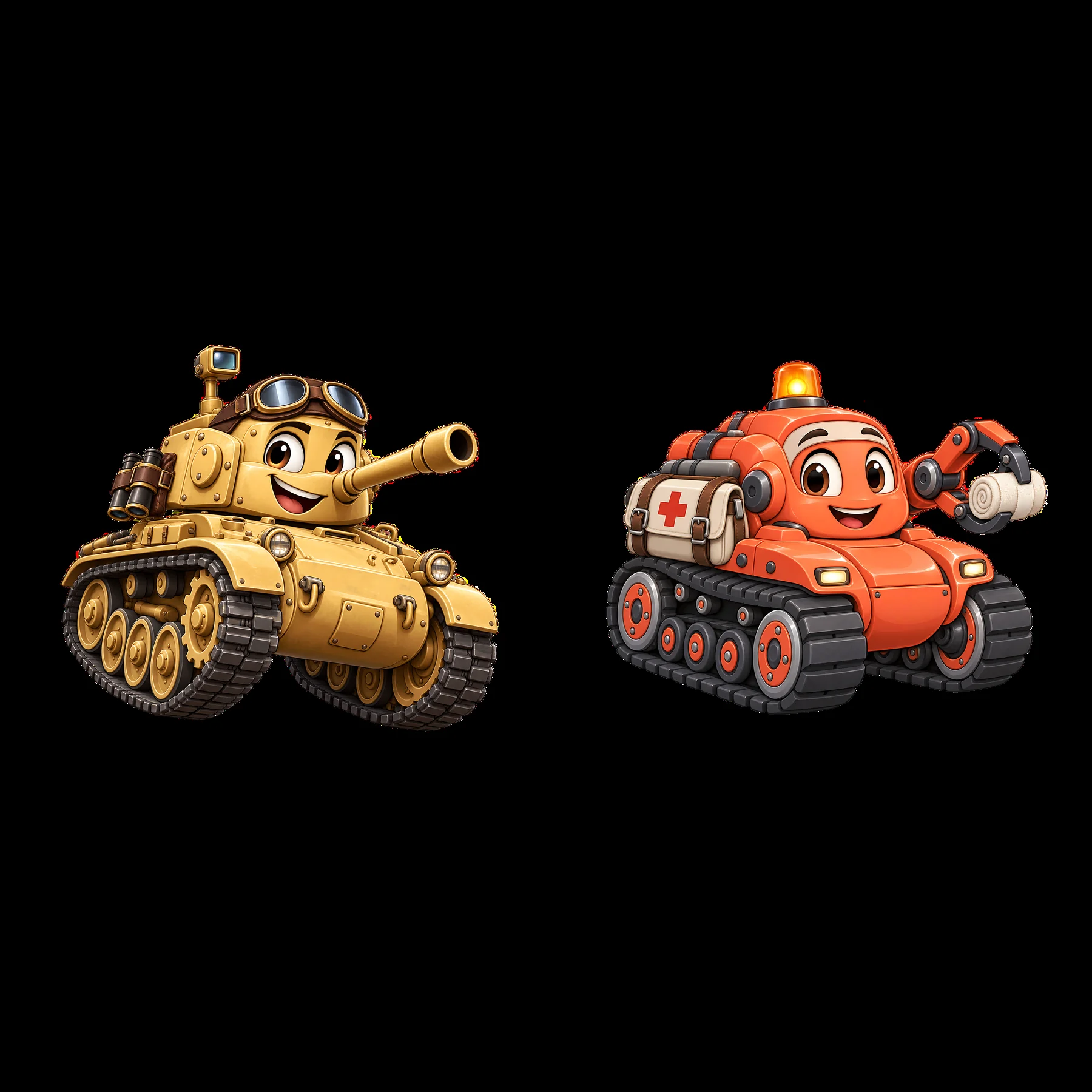 Cartoon tank characters with friendly expressions and accessories - AI-generated stock image