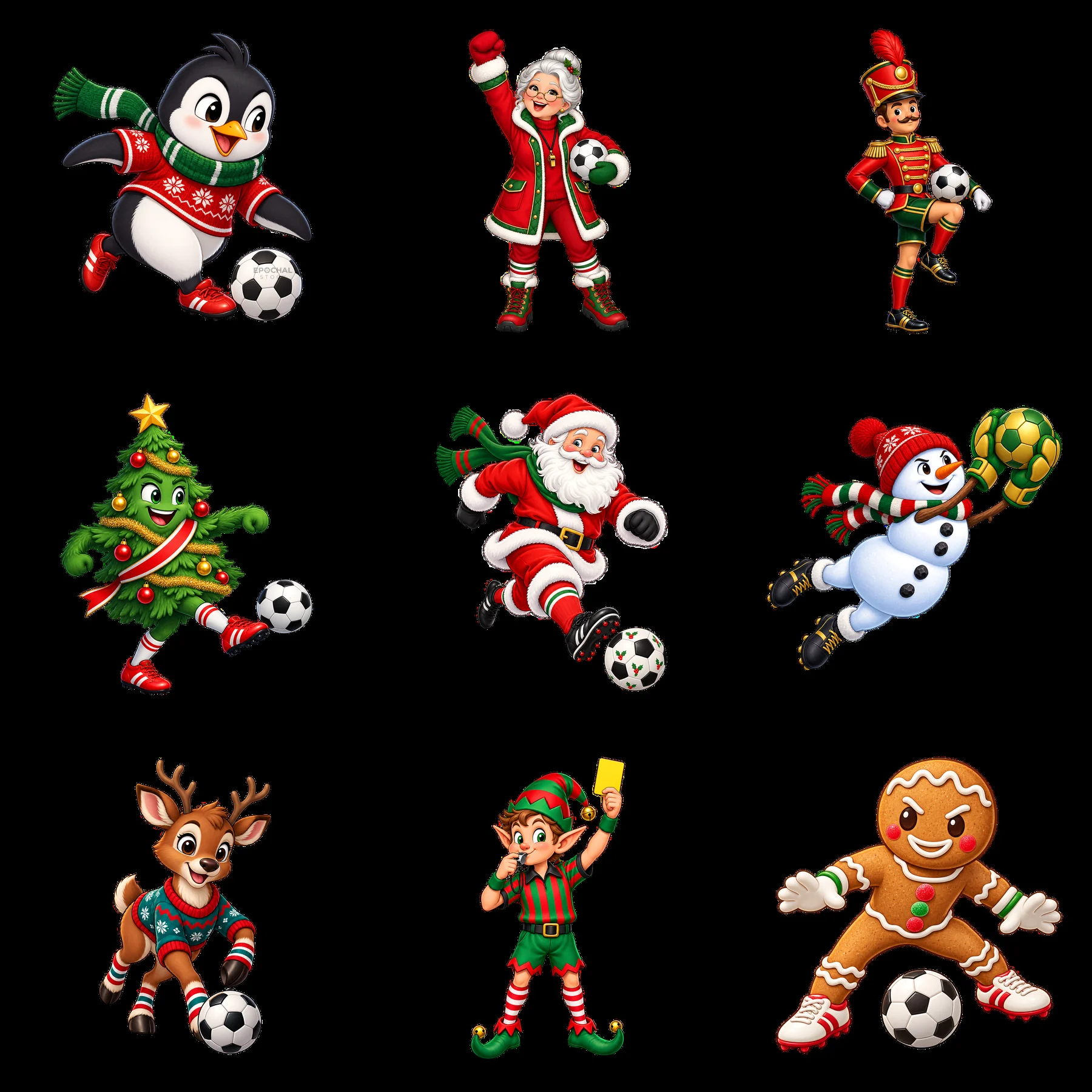 Christmas soccer characters with festive attire and fun poses - AI-generated stock image