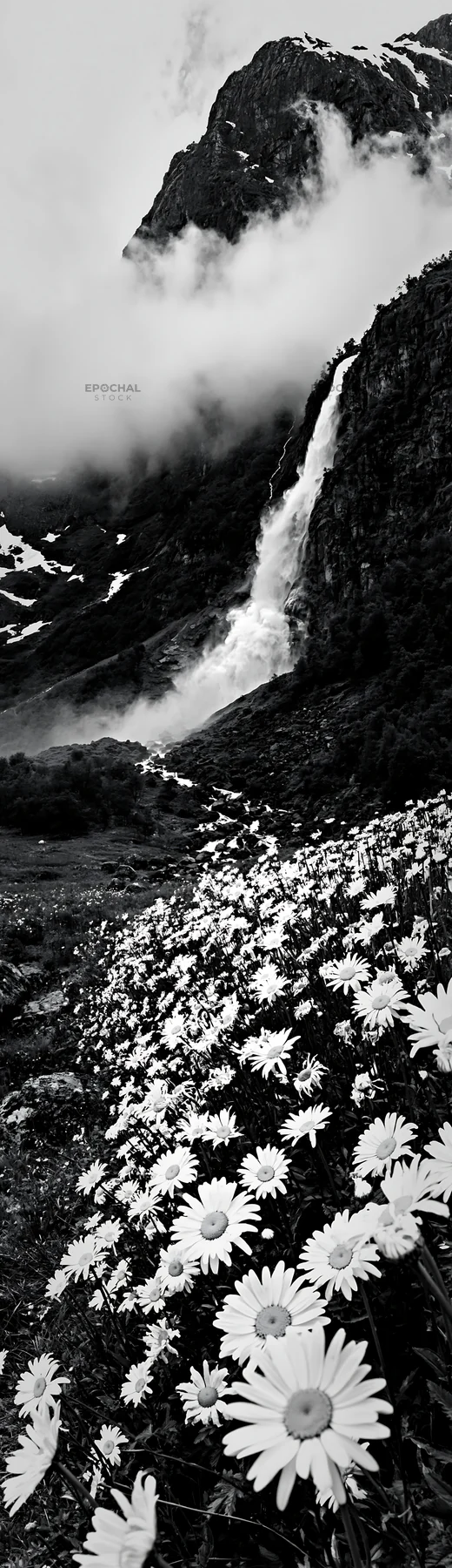 Black and white colorful daisy meadow with a waterfall and mountains in background - AI-generated stock image