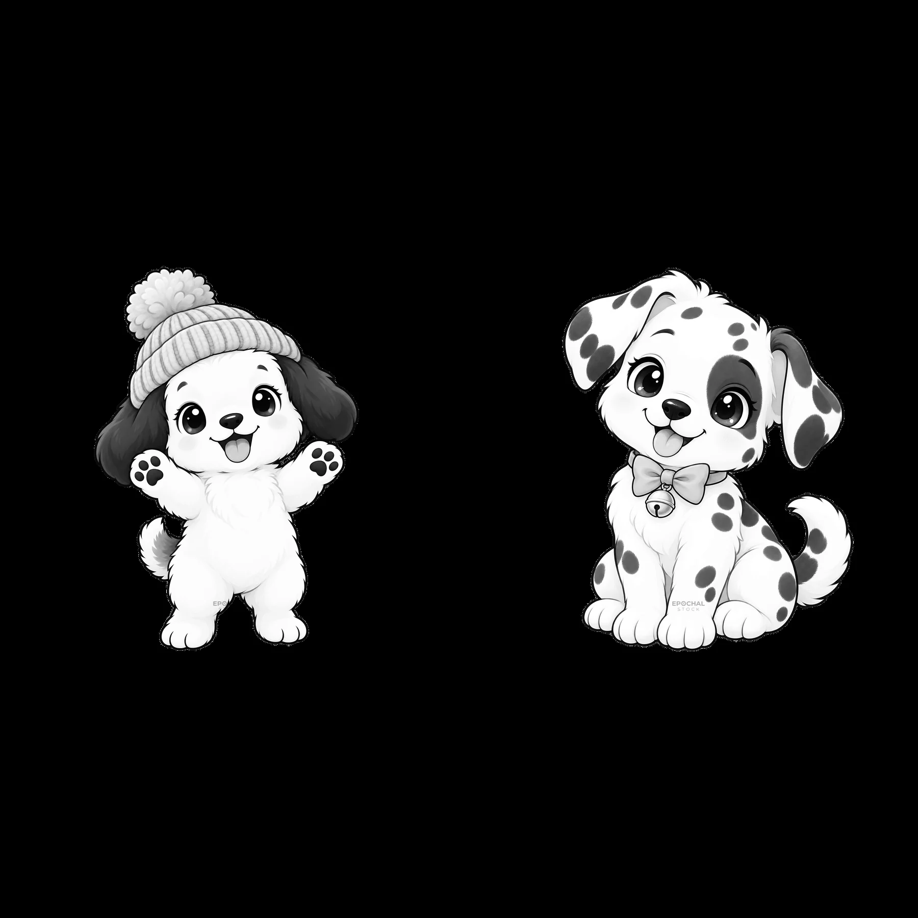 Cute dog characters with winter hat and bow tie illustration - AI-generated stock image