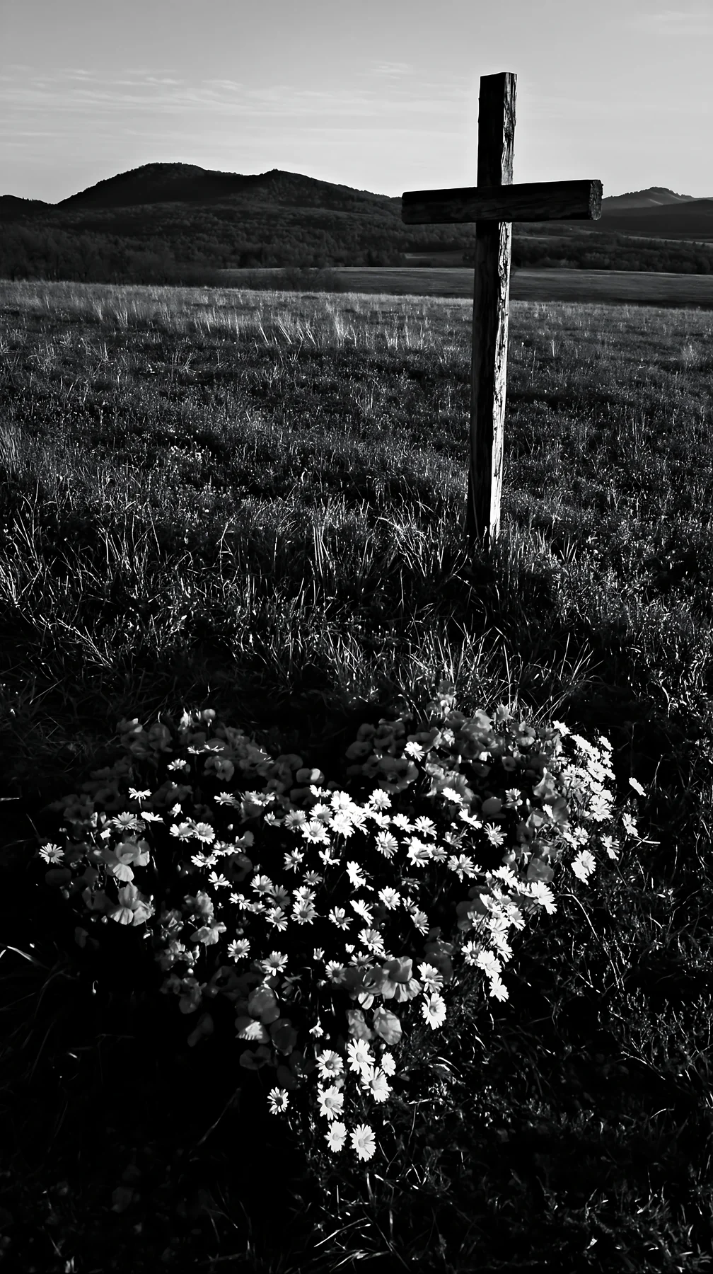 Christian cross in meadow with flowers at sunrise - AI-generated stock image