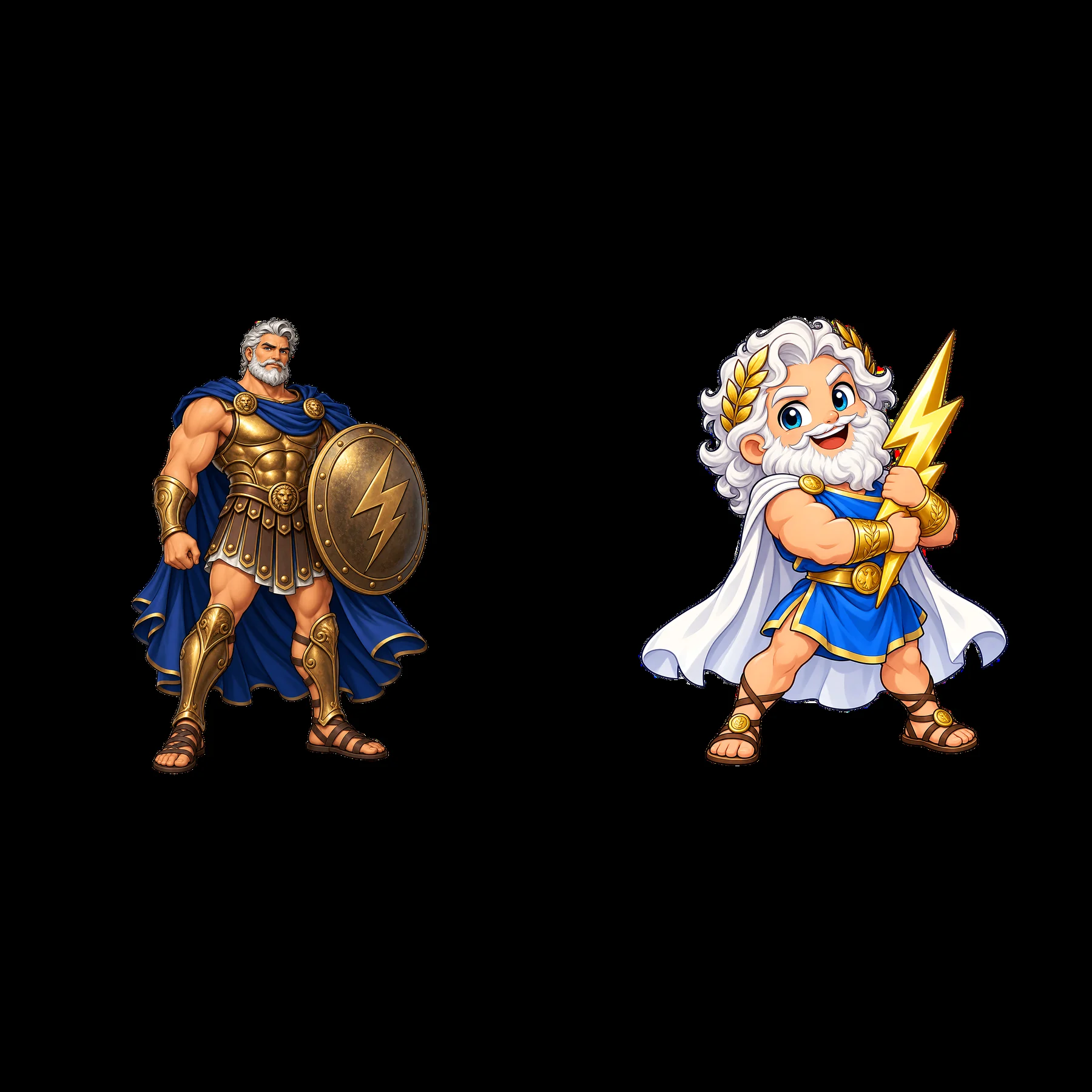 Zeus and Hercules comic sticker pair with symbols of power - AI-generated stock image