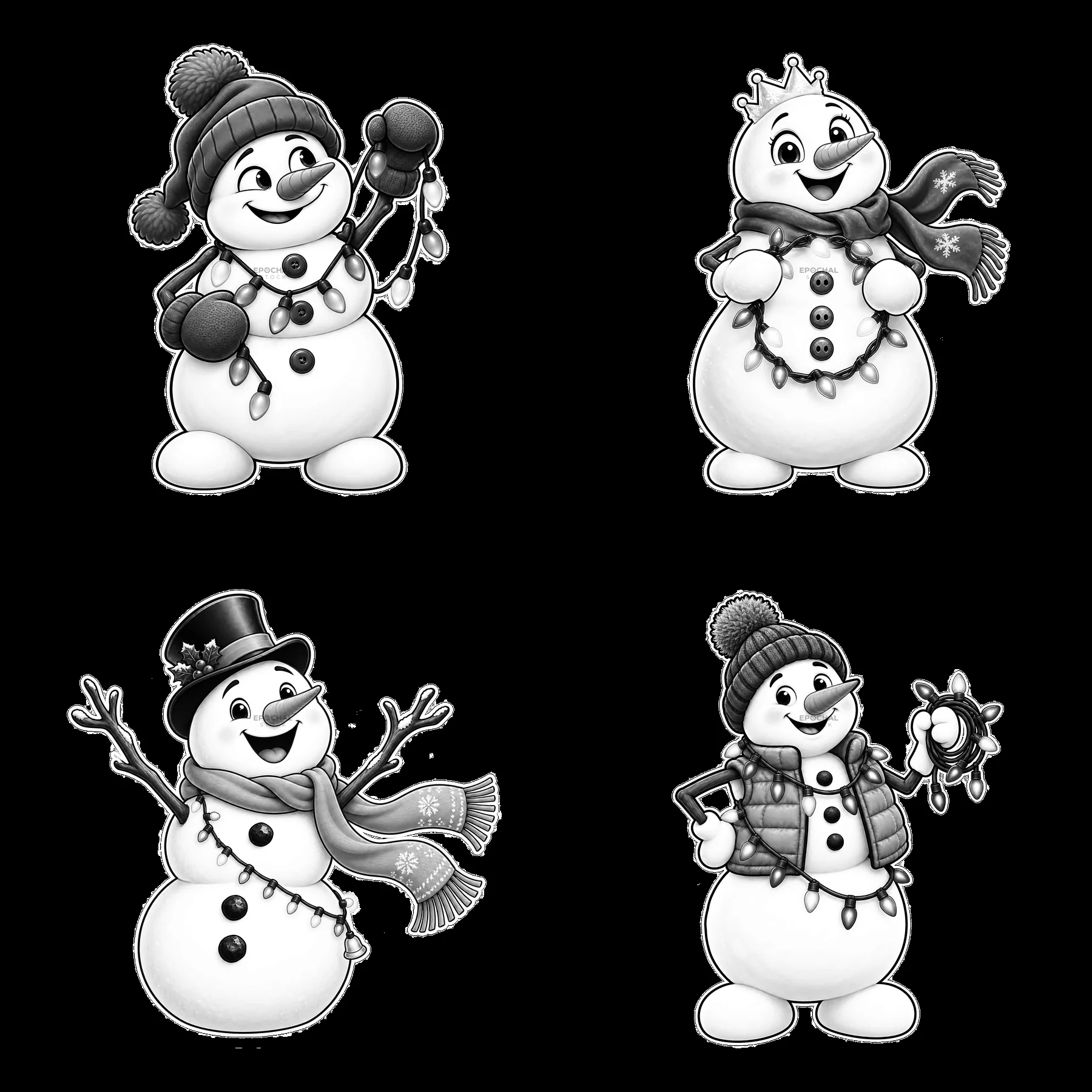 Four snowmen with string lights in various poses and outfits - AI-generated stock image