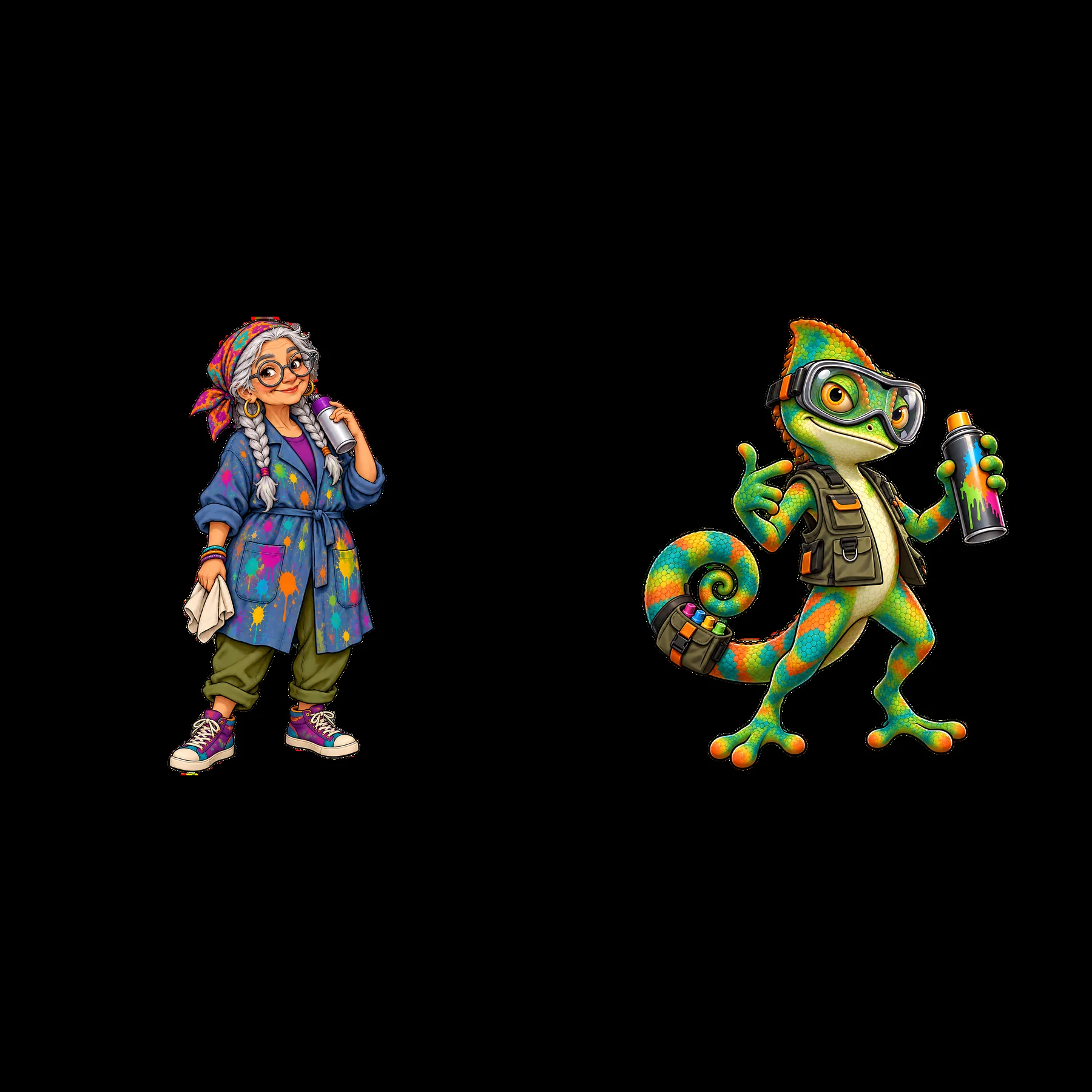 Graffiti artist character and colorful chameleon with spray can - AI-generated stock image