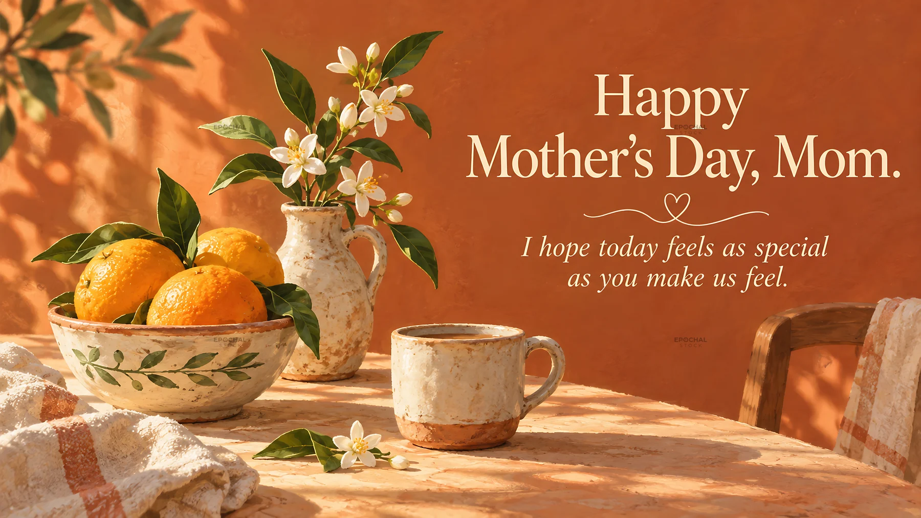 Mother's Day Greeting with Oranges and White Flowers - AI-generated stock image