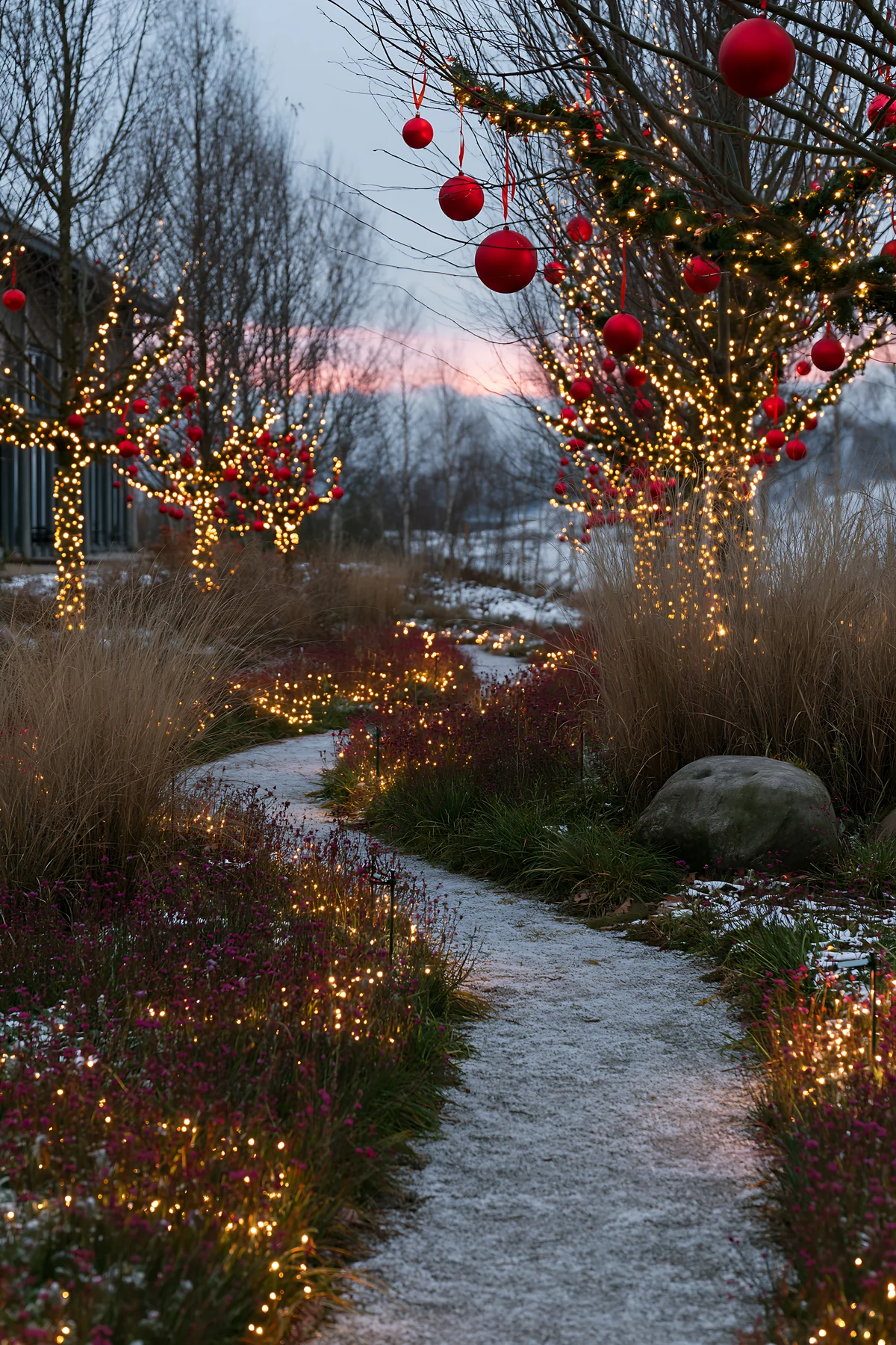 Expansive Christmas meadow with restored stones and baubles - AI-generated stock image
