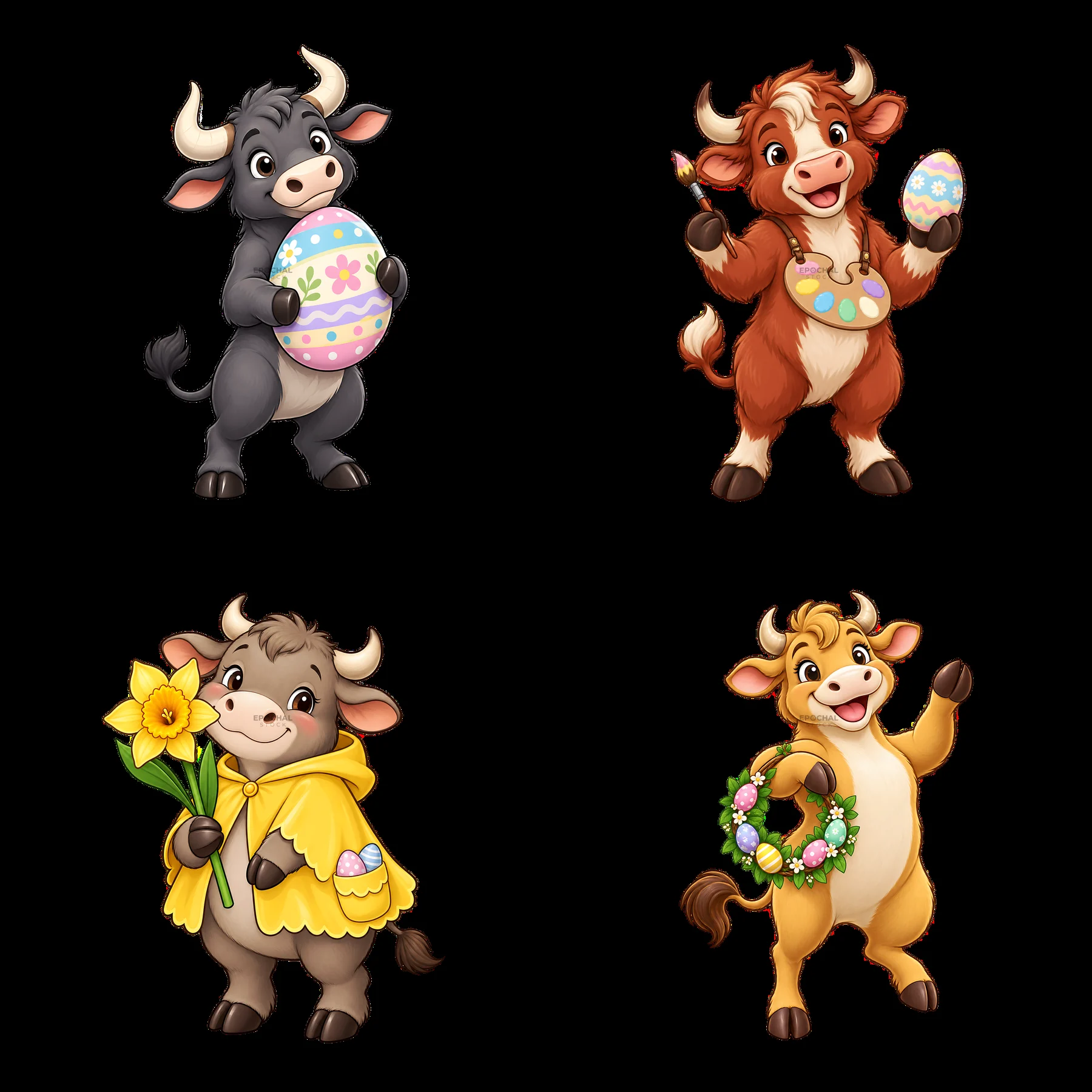 Easter ox cartoon characters holding eggs, flowers, and wreaths - AI-generated stock image