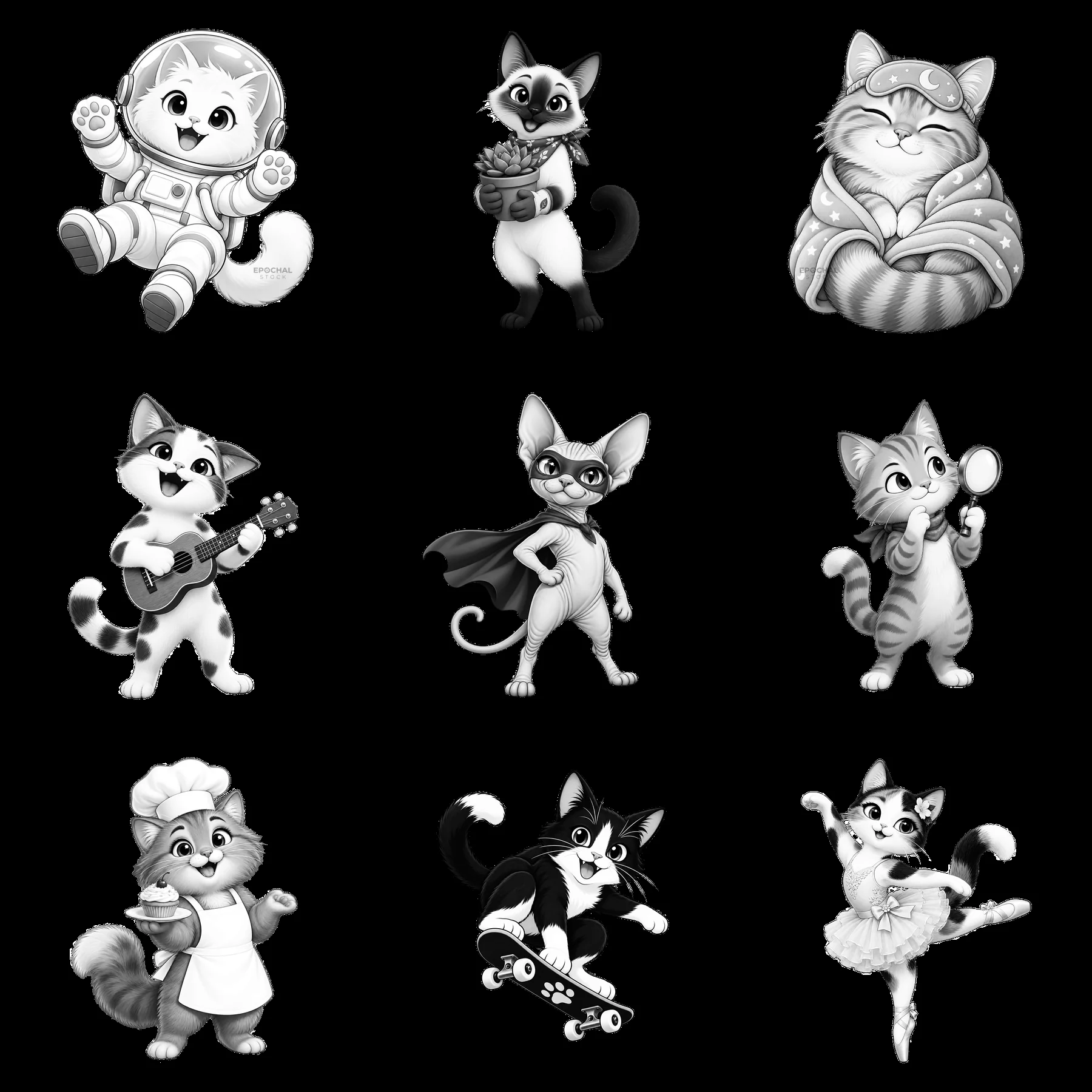 Cartoon cats in different playful poses and activities - AI-generated stock image