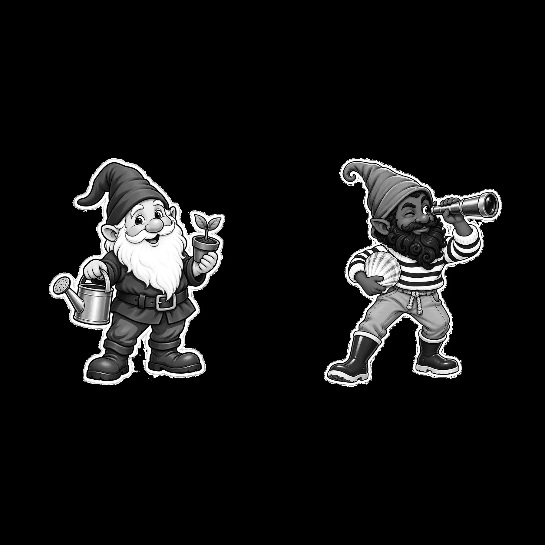 Gnomes caring for plants and searching with a telescope - AI-generated stock image