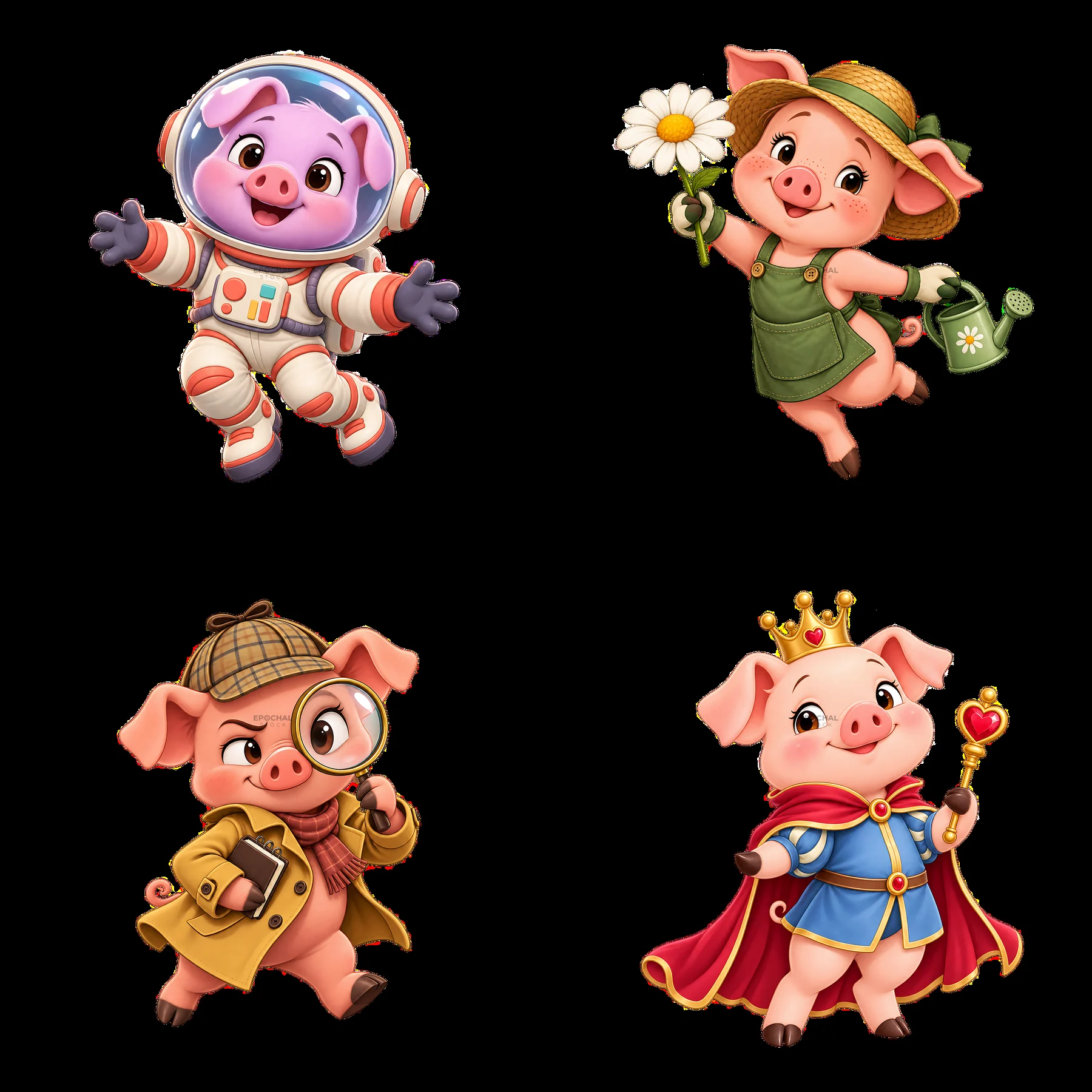 Four cartoon pig characters in various fun activities - AI-generated stock image