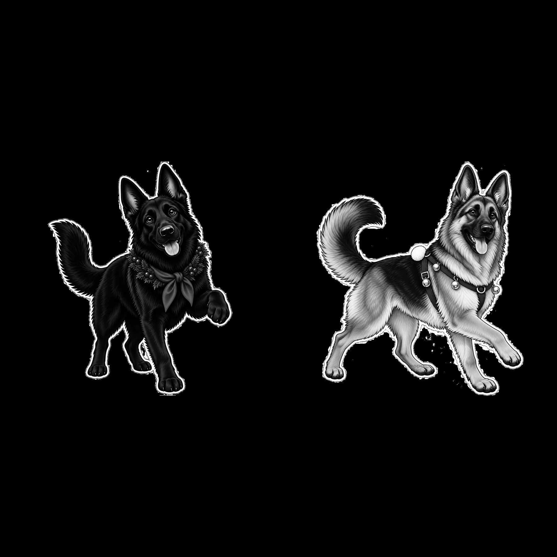 Christmas German Shepherd duo with festive accessories - AI-generated stock image