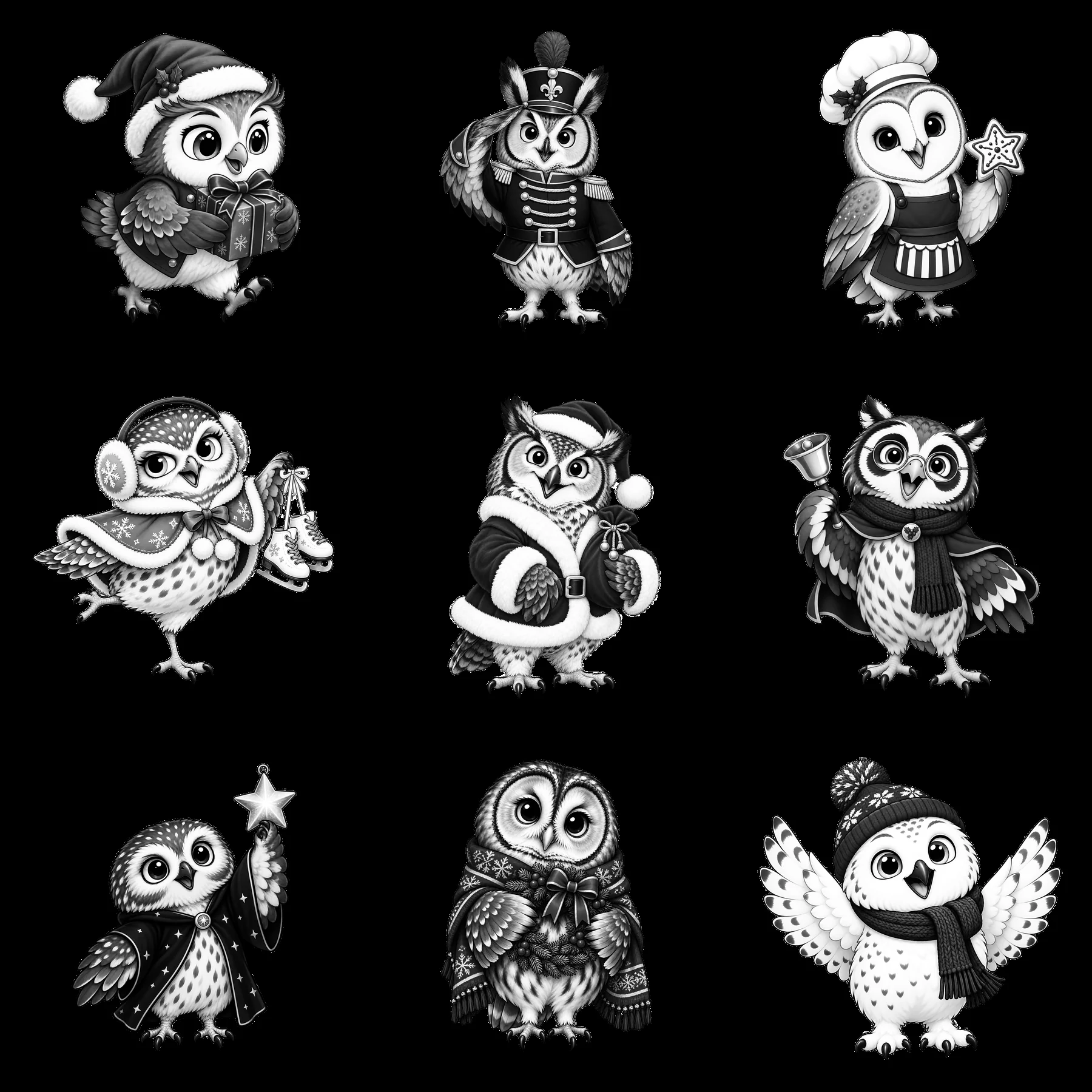 Christmas owls in festive attire and activities in a 3x3 layout - AI-generated stock image