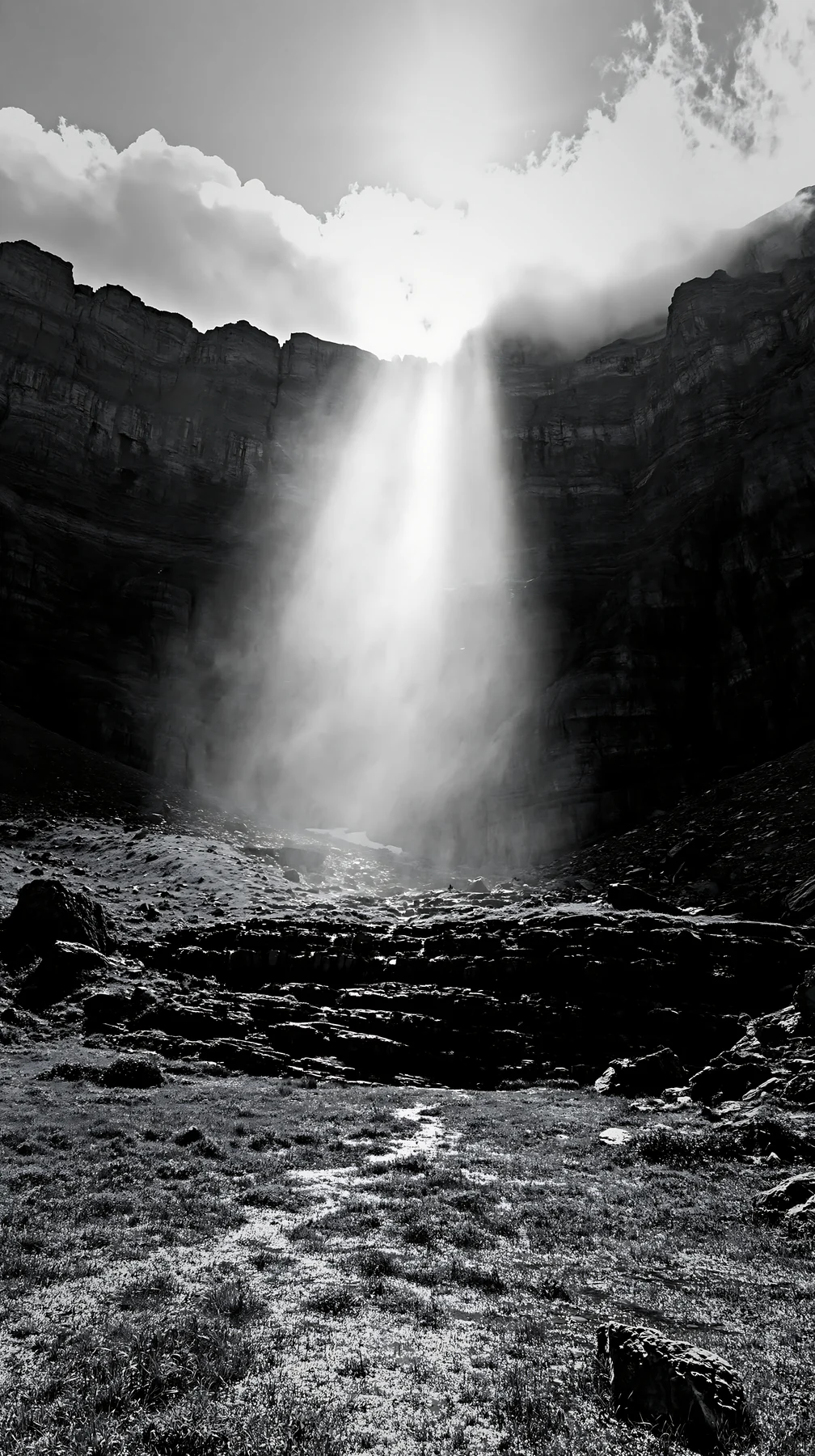 Light rays shining through cliffs at Sunshine Meadows Banff - AI-generated stock image