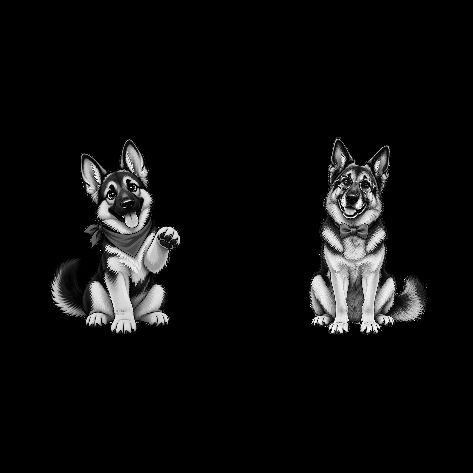 Two cartoon German Shepherds with playful expressions - AI-generated stock image