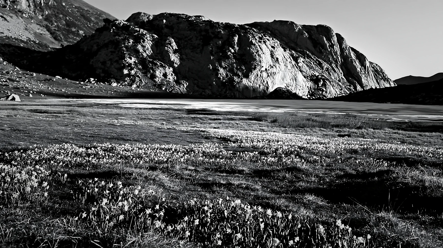 Frozen tarn meadow with rocky formations - AI-generated stock image