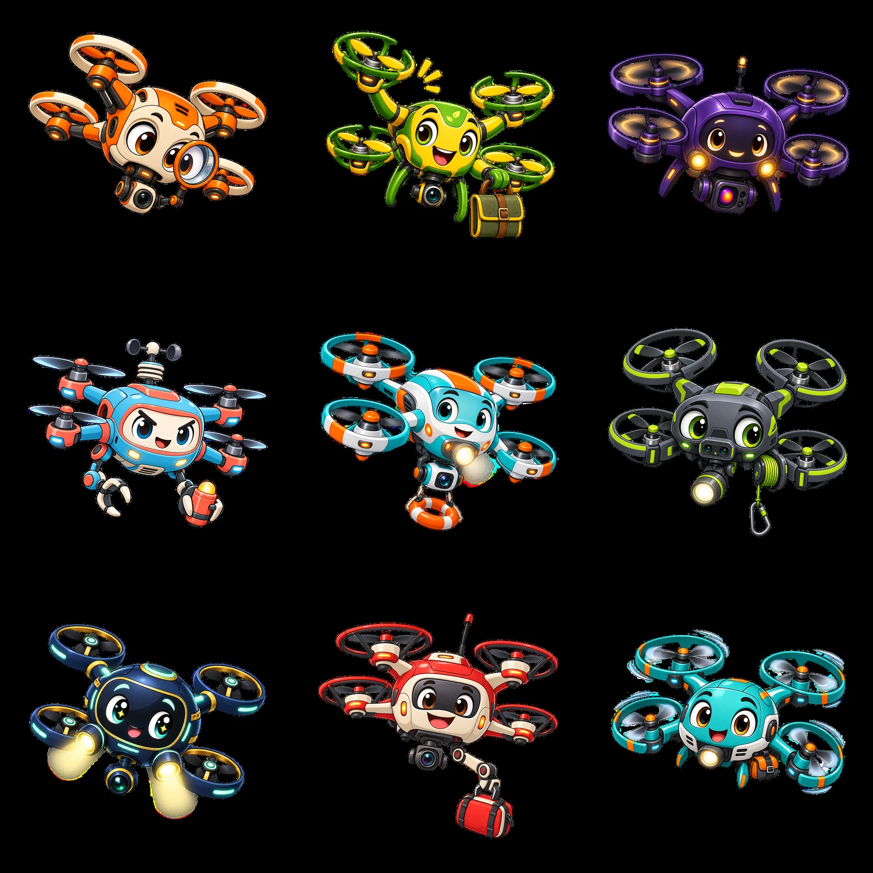 Colorful cartoon drones with various accessories in a 3x3 layout - AI-generated stock image