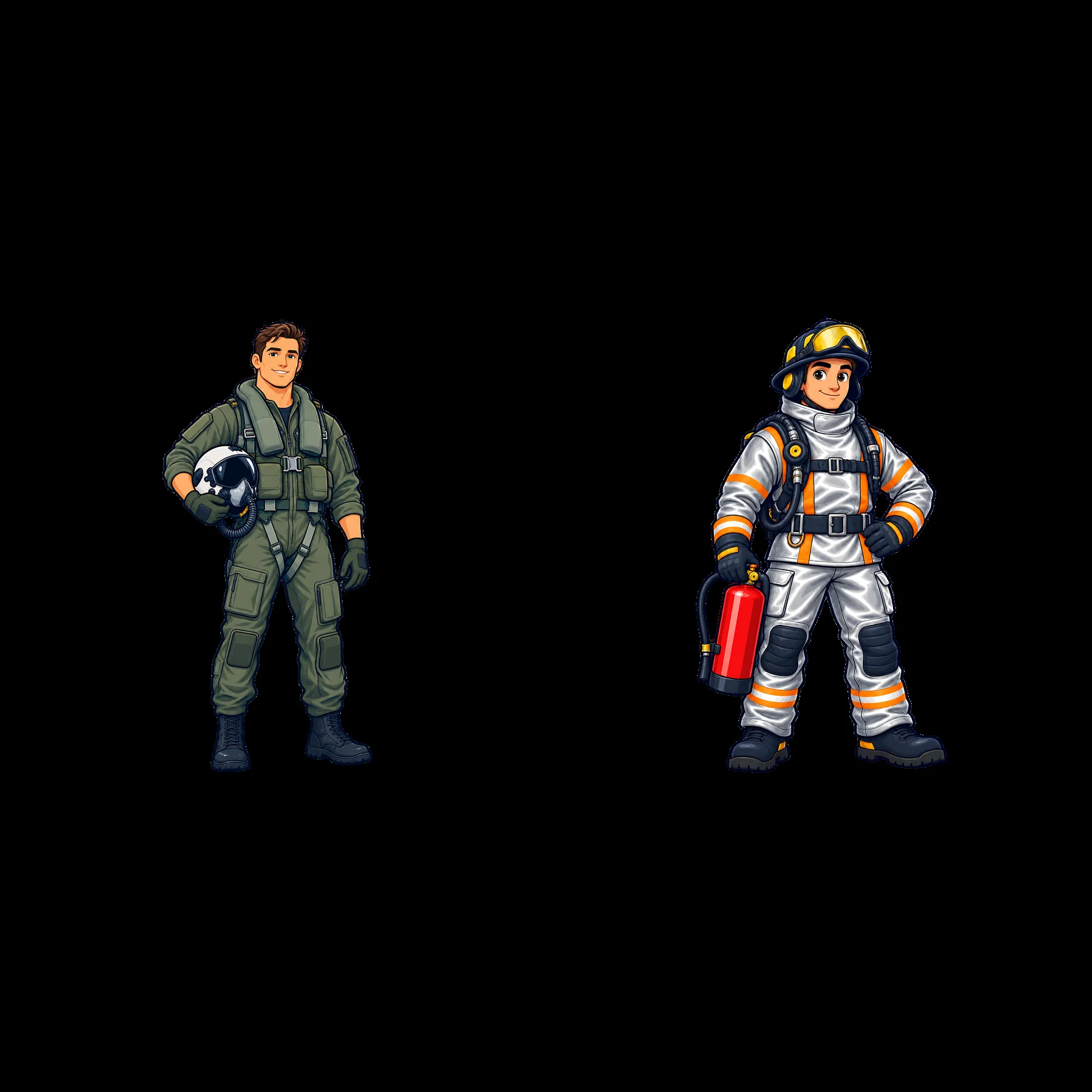 Pilot and firefighter duo cartoon sticker illustration - AI-generated stock image