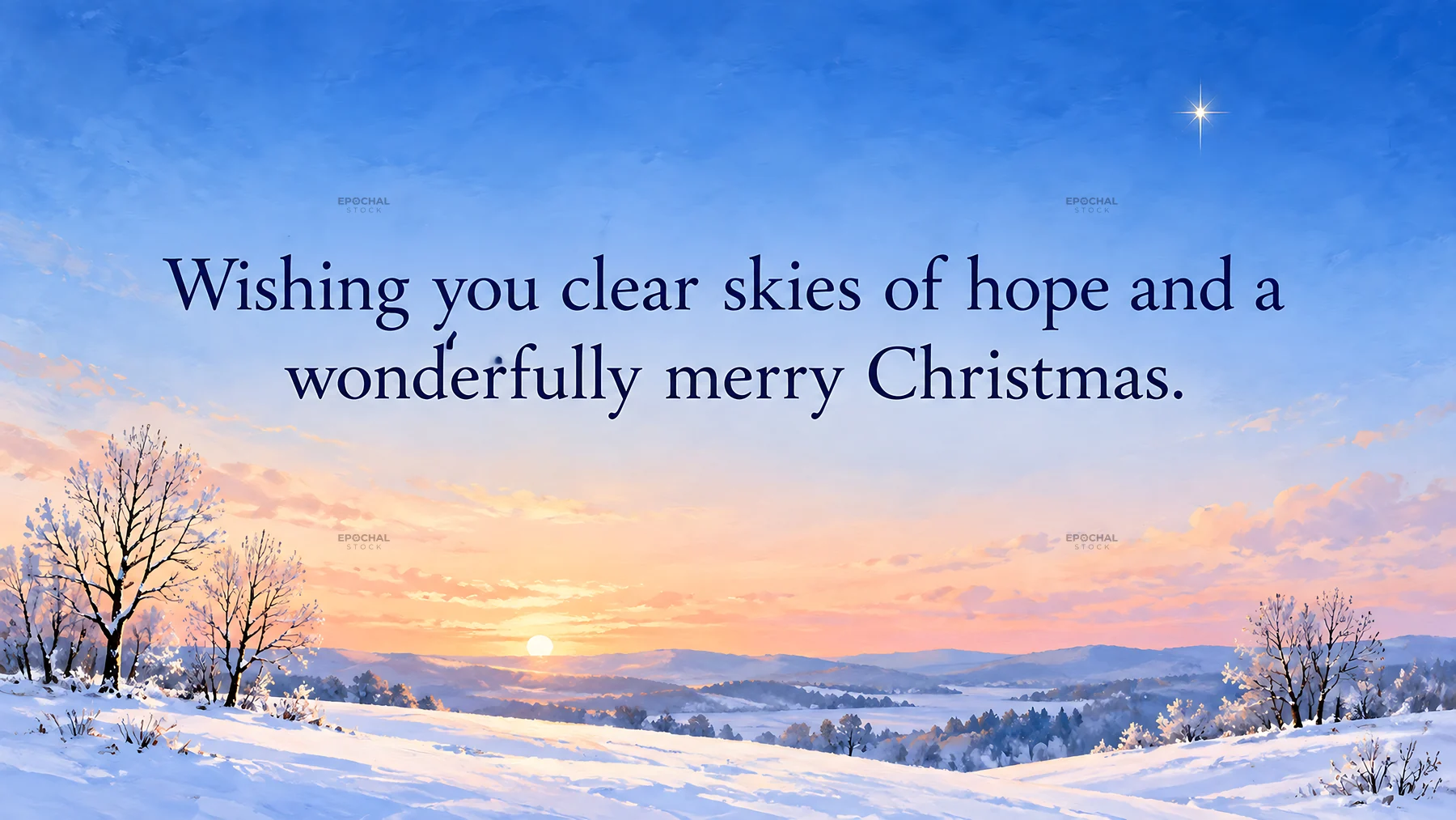 Christmas Greeting Over a Snowy Winter Sunrise - AI-generated stock image