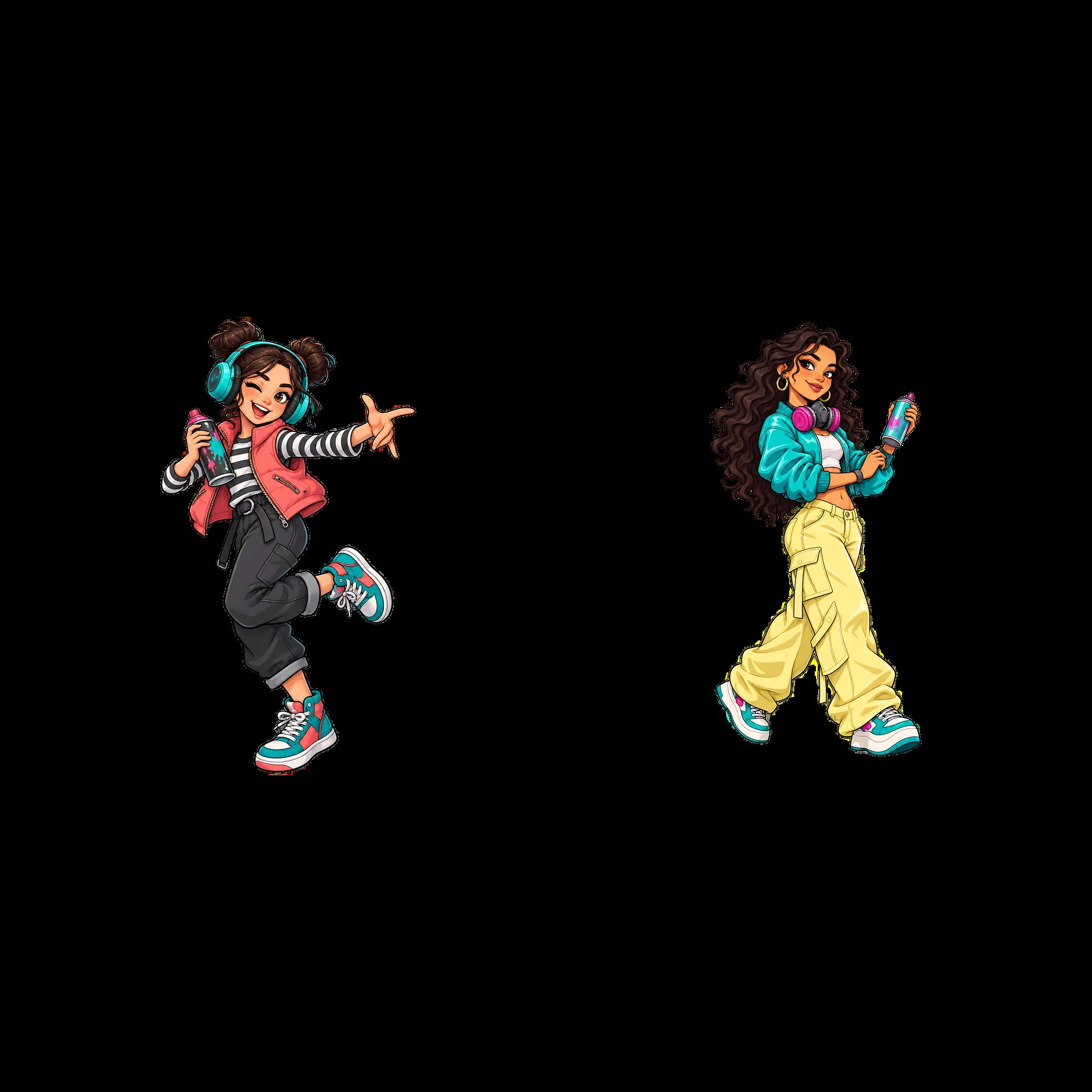 Cool graffiti sprayer girls in colorful street fashion stickers - AI-generated stock image