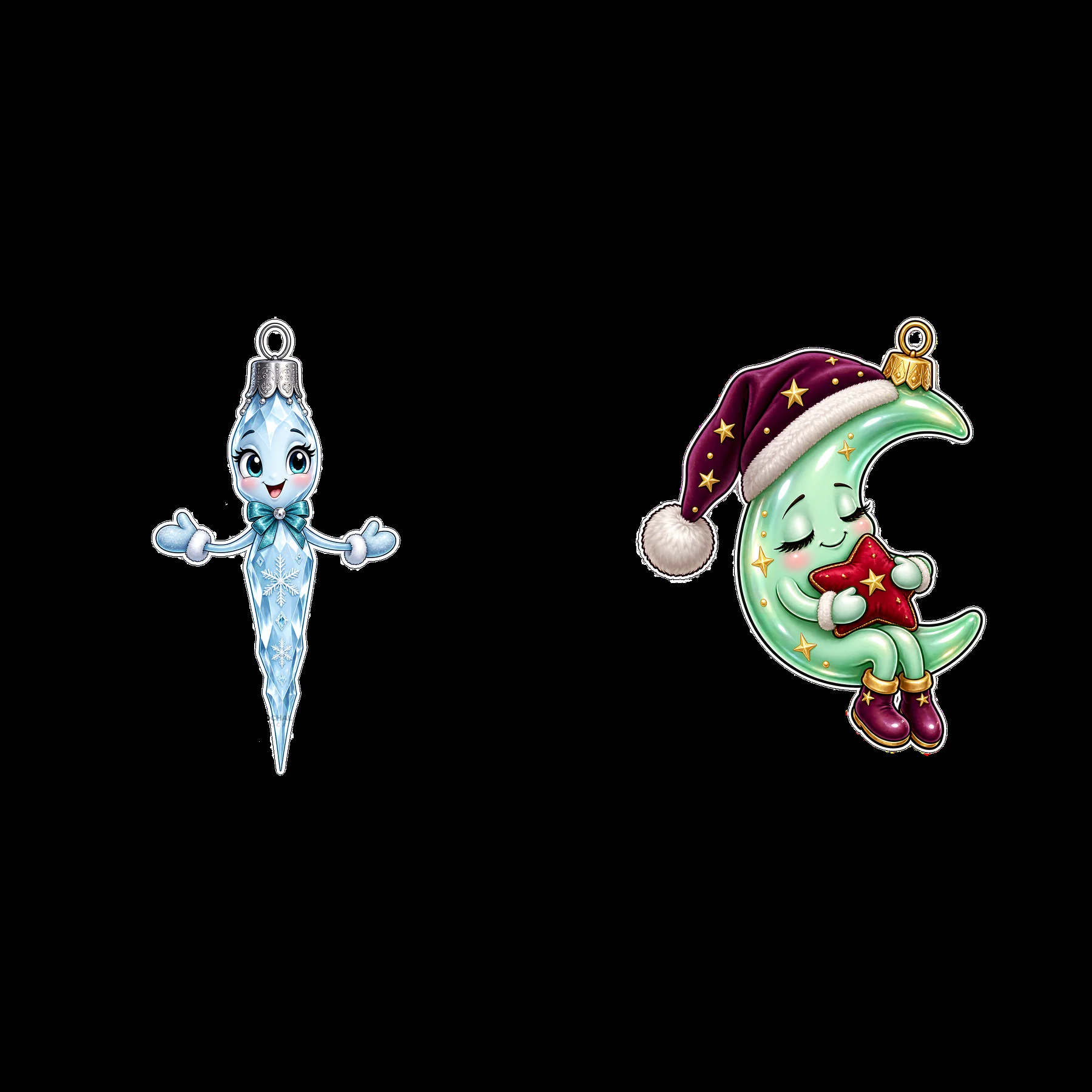 Christmas ornament stickers with ice and moon characters - AI-generated stock image