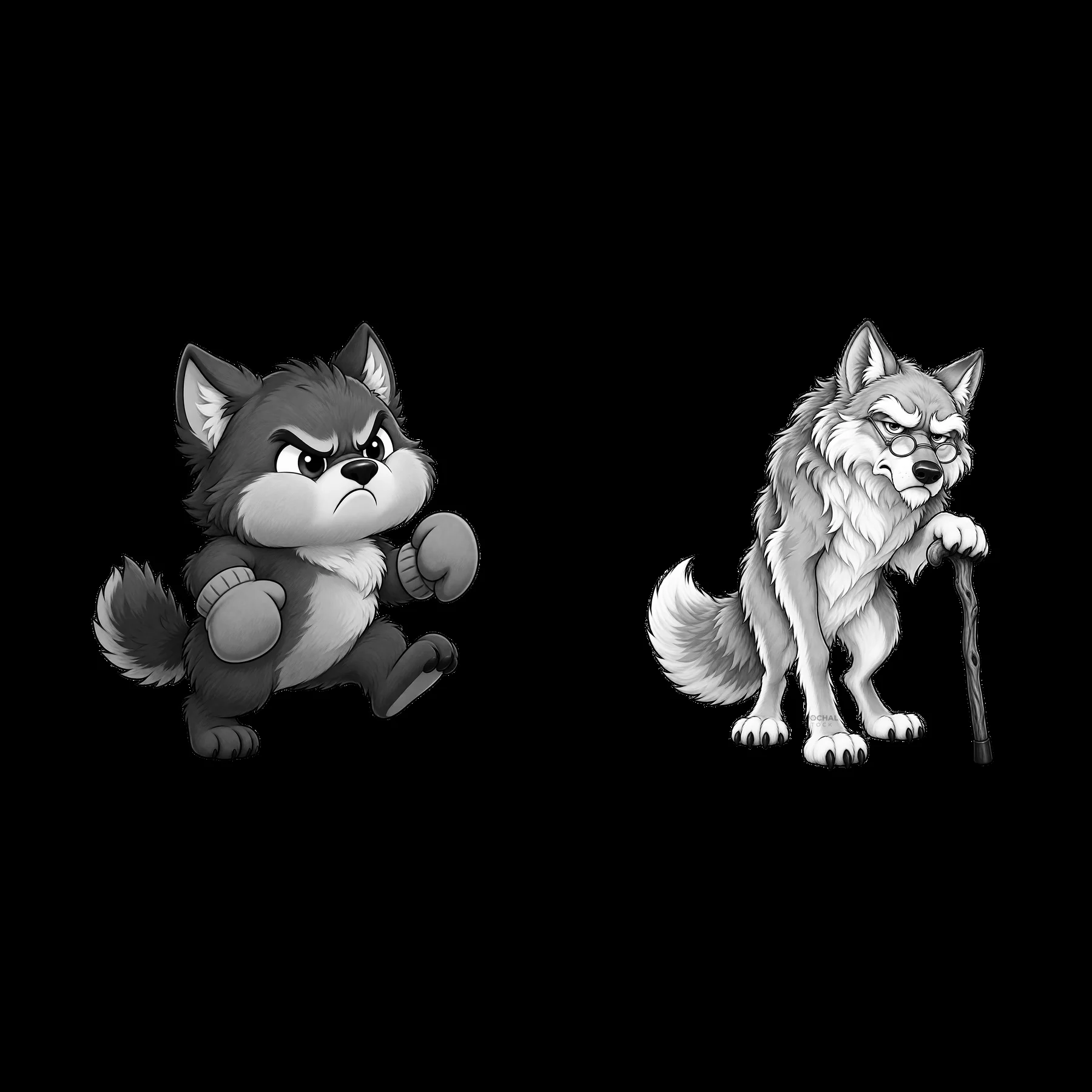 Grumpy wolf character sticker illustration set in black and white - AI-generated stock image