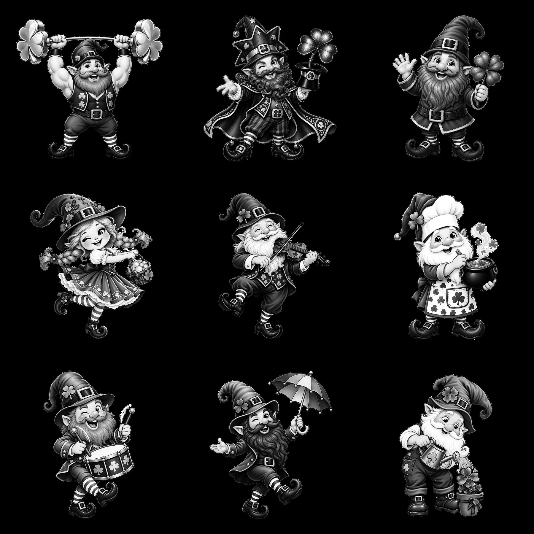 St. Patrick's Day gnome collection with various actions and props - AI-generated stock image