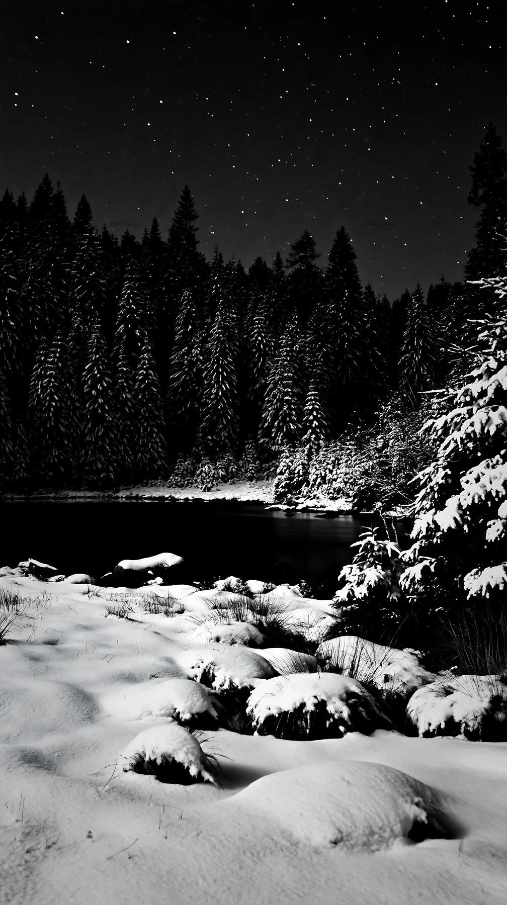 Snowy lakeside meadow at night with stars in the sky - AI-generated stock image