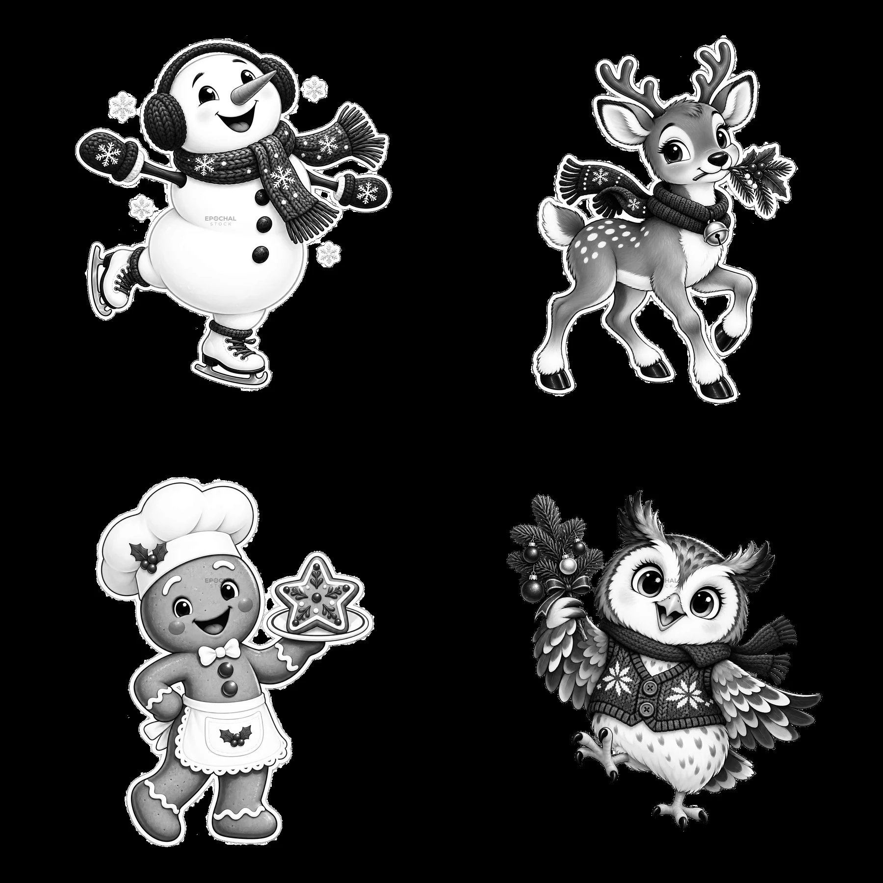 Monochrome four cartoon figure stickers in a square arrangement - AI-generated stock image