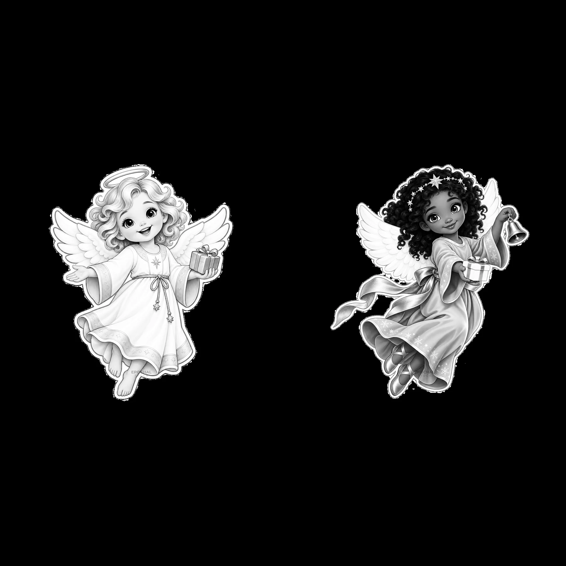 Christ Child figures carrying gifts in black-and-white cartoon design - AI-generated stock image