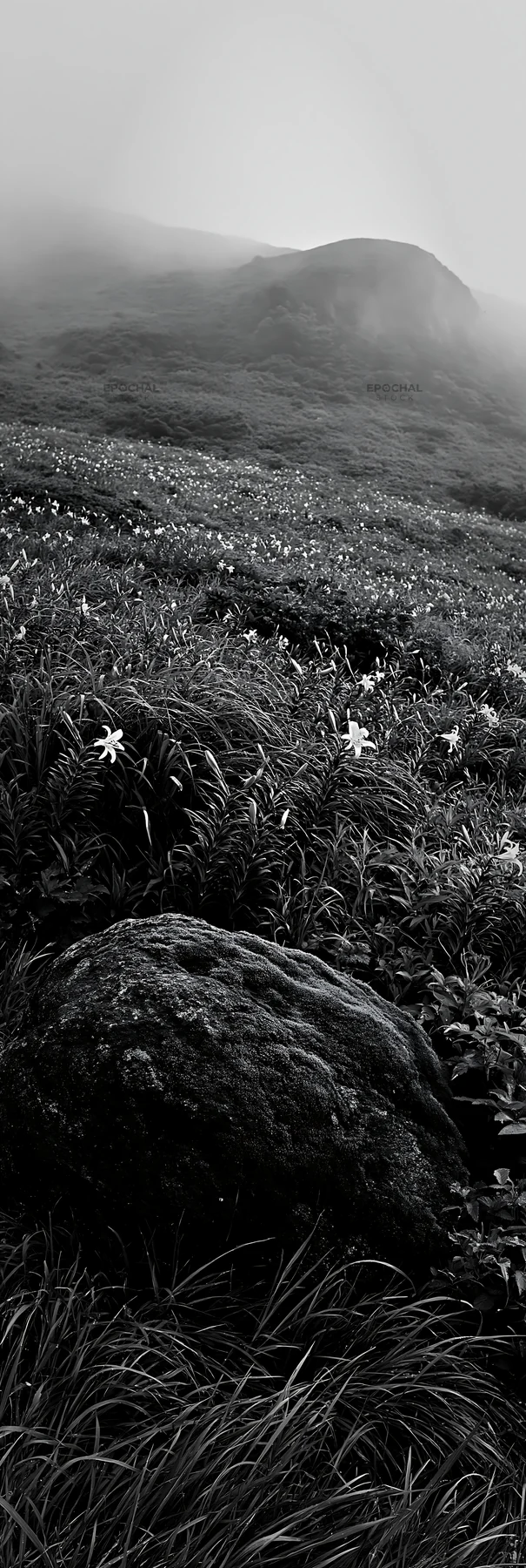 Black and white shimane misty meadow moss covered stone with yellow flowers - AI-generated stock image